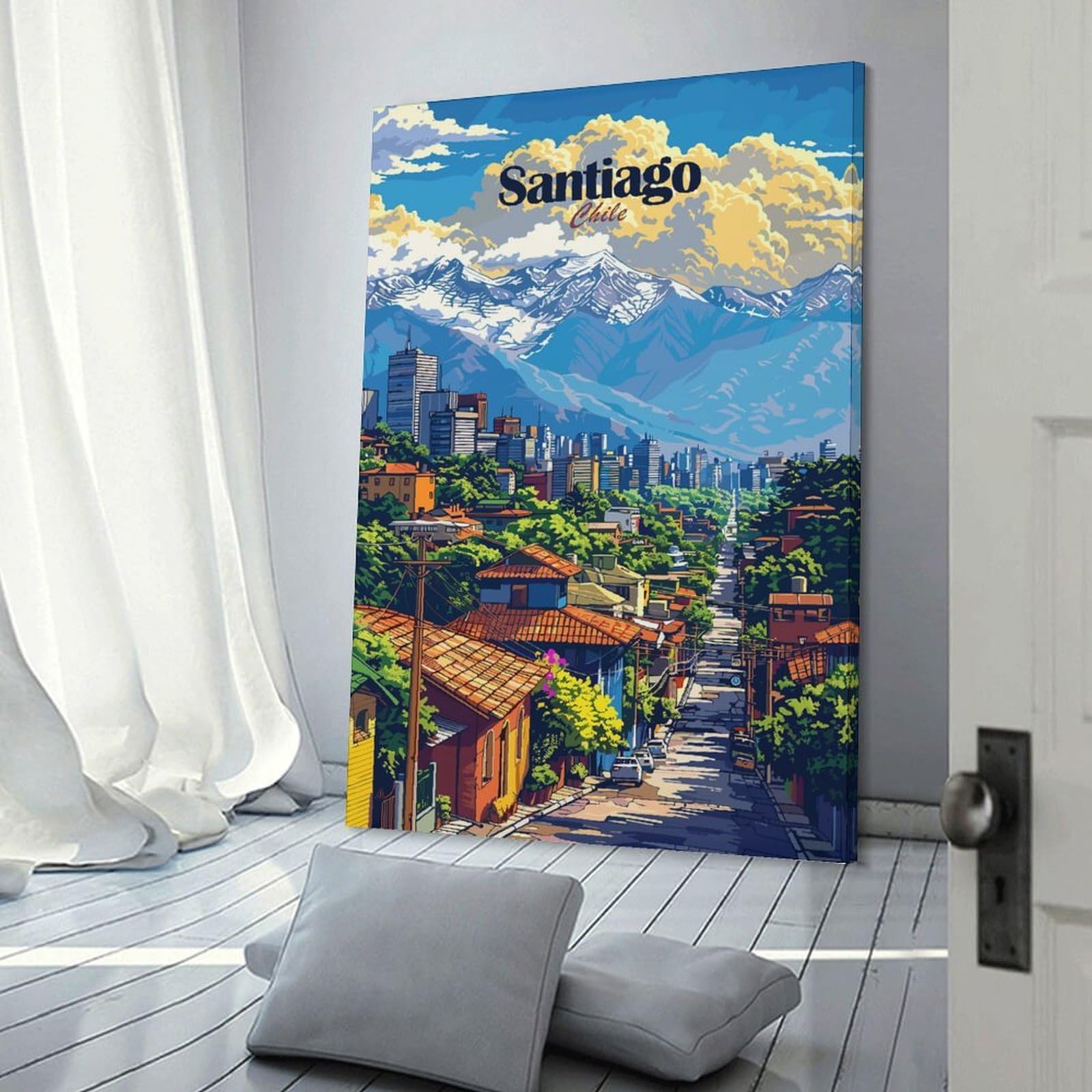 Junmoney Santiago Chile Cityscape Illustration Canvas Wall Picture, 08x12inch(20x30cm), for Wall Displays, Bedrooms Or Room Updates, Wall Decor Suited to Curated Displays