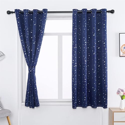 Miniatura 3 de Cortinas opacas plateadas para sala de estar, cortinas de dormitorio de niños y niñas, cortinas de tul blanco para ventana de ventana azul estrella