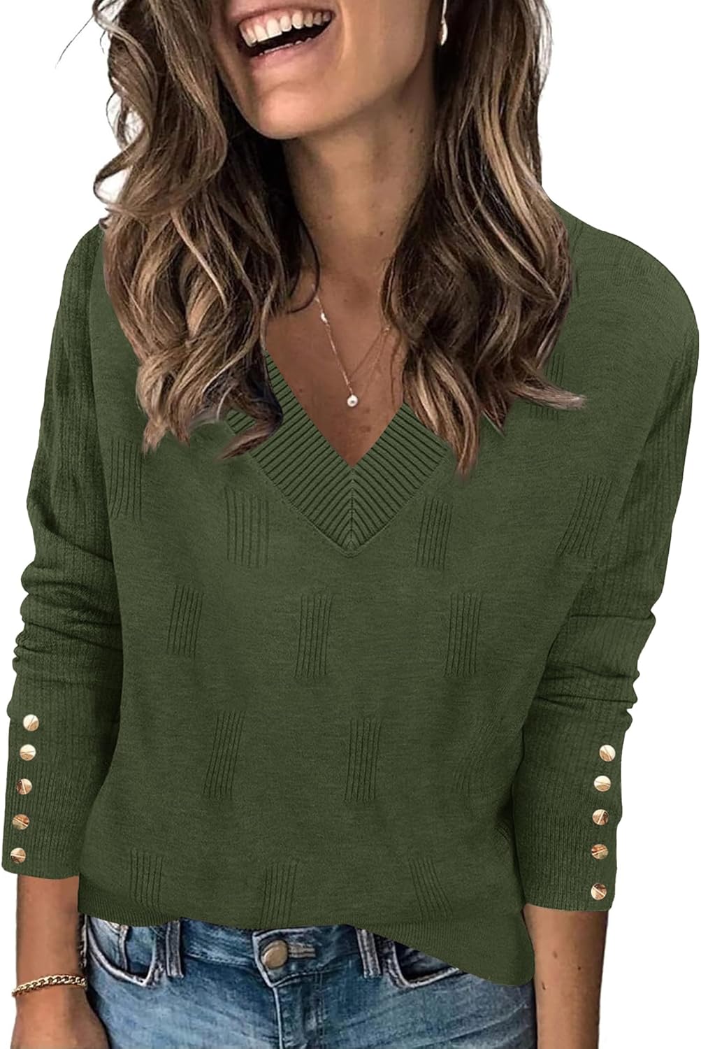 Zeagoo Womens V Neck Sweaters Shirts Long Sleeve Lightweight Ribbed Knit Pullover Sweater Blouse Tops with Buttons Oufits - Image 2