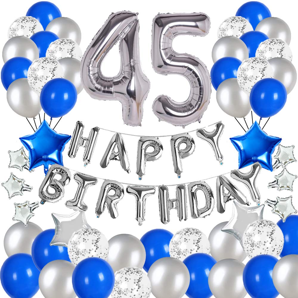 "Blue and Silver 45th Birthday Party Decorations Set- Silver Happy Birthday Banner,Foil Number Balloons, Latex Balloons and More for 45 Years Old Brithday Party Supplies"
