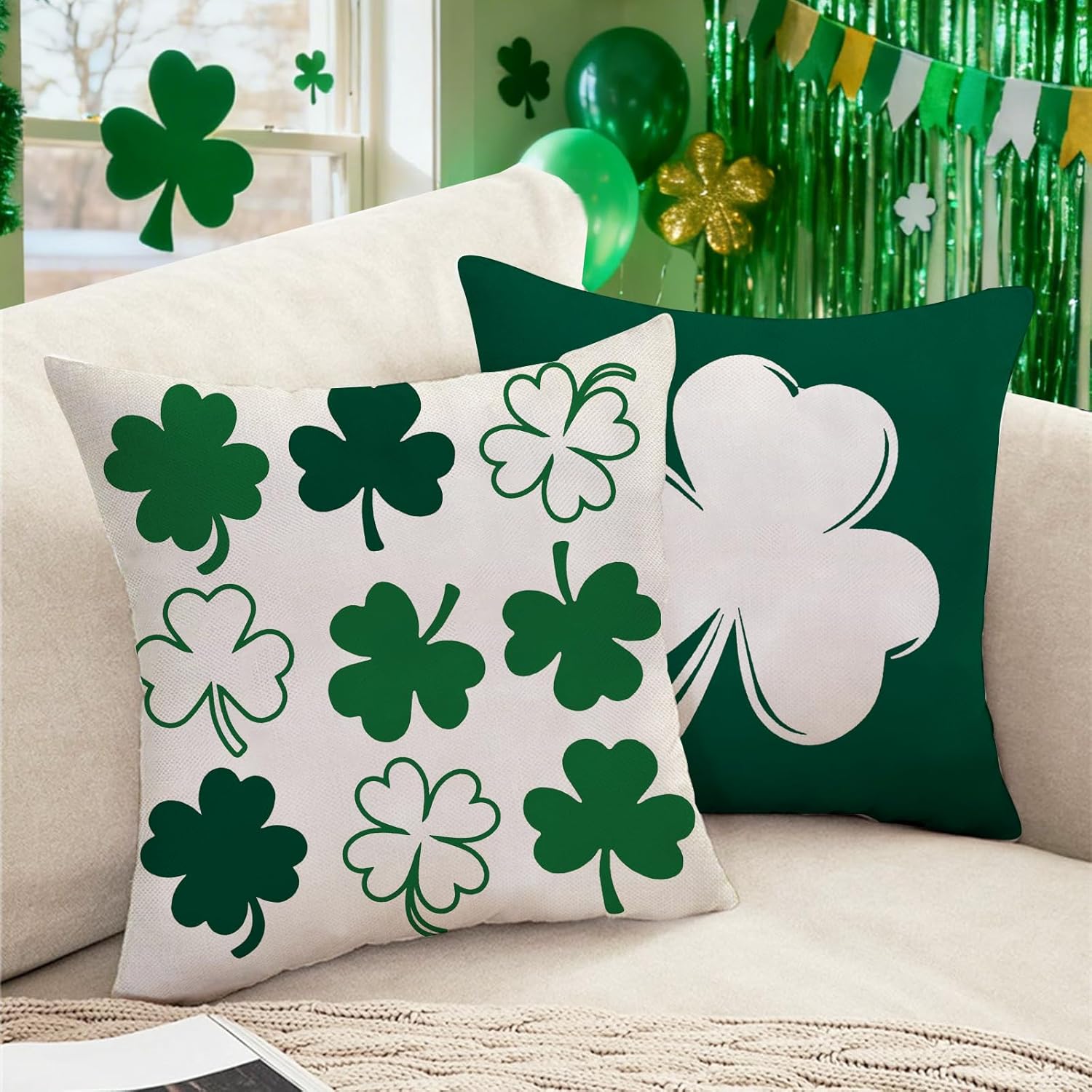 St Patricks Day Decorative Throw Pillow Covers 18 x 18 Set of 2, Lucky Shamrock Clover Porch Outdoor Home Decor, Irish Spring Sofa Couch Cushion Case - Image 6