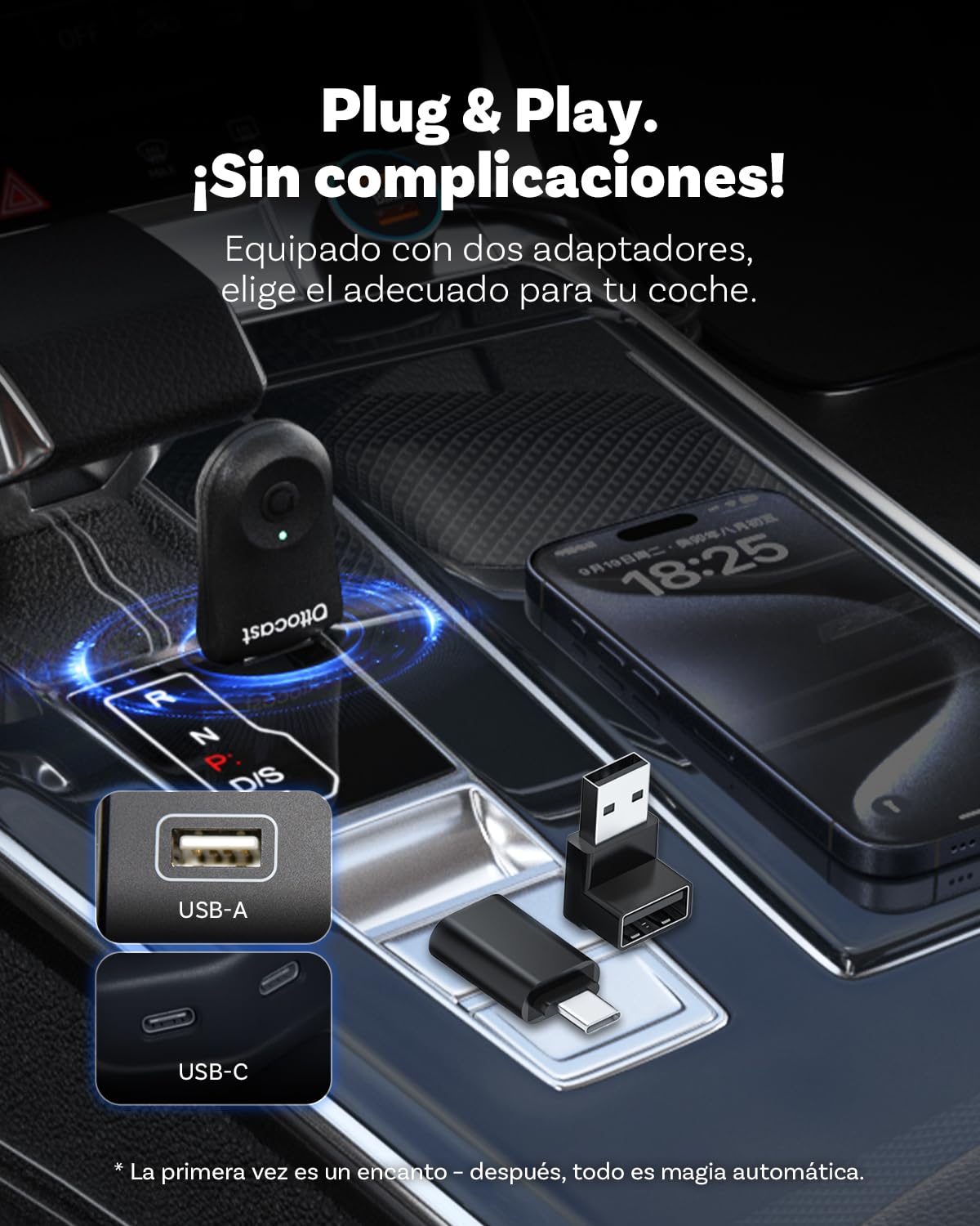 Mejorado 2025-2-en-1 Adaptador inalámbrico CarPlay y Android Auto, OTTOCAST Mini para iOS 10+ y Android 11+, Convierte CarPlay por Cable a inalámbrico, Compatible con USB-A y USB-C (Negro)