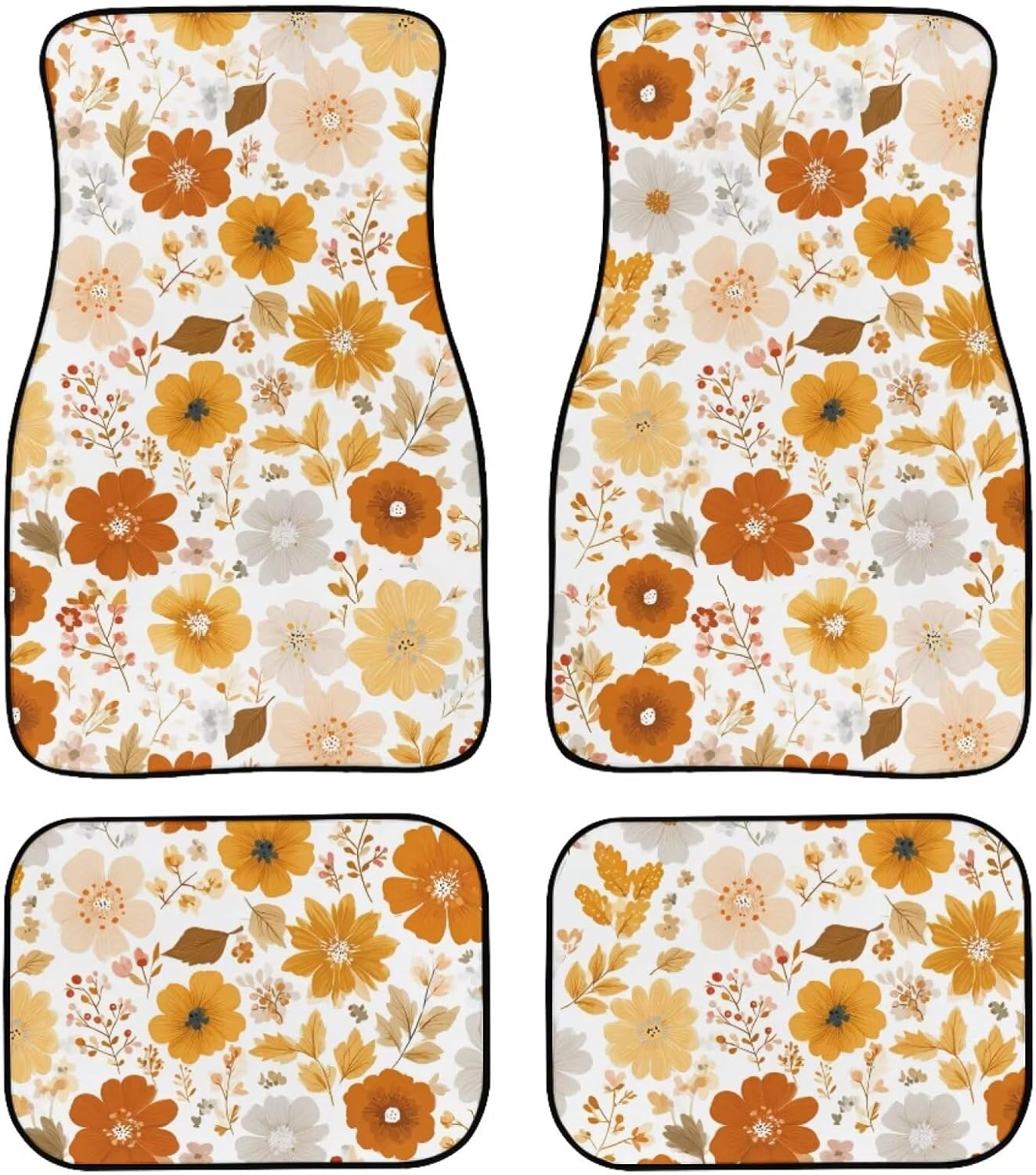 Hippie Flower Print Front Rear 4 Piece Set Vehicle Decor Mat Non-Slip Car Interior Rugs with Non Slip Rubber Backing Washable Automotive Interior Mat