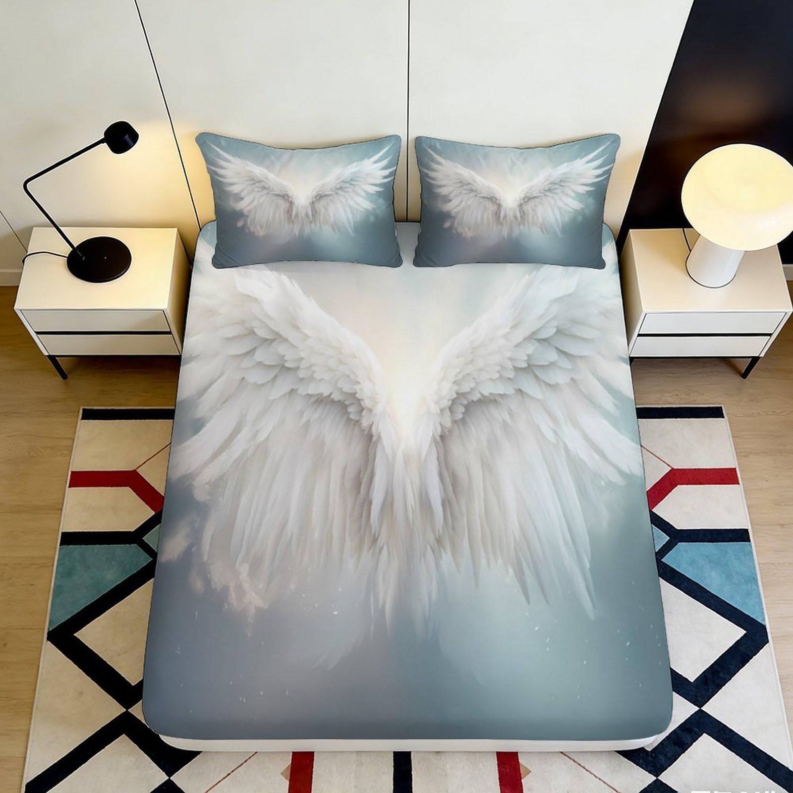 3D Printed Angel Wings Fitted Sheet Microfiber Soft Breathable White Feathers Bed Cover for Bedroom Dormitory Guest Room Mattress Protection Decor 180x200x25cm