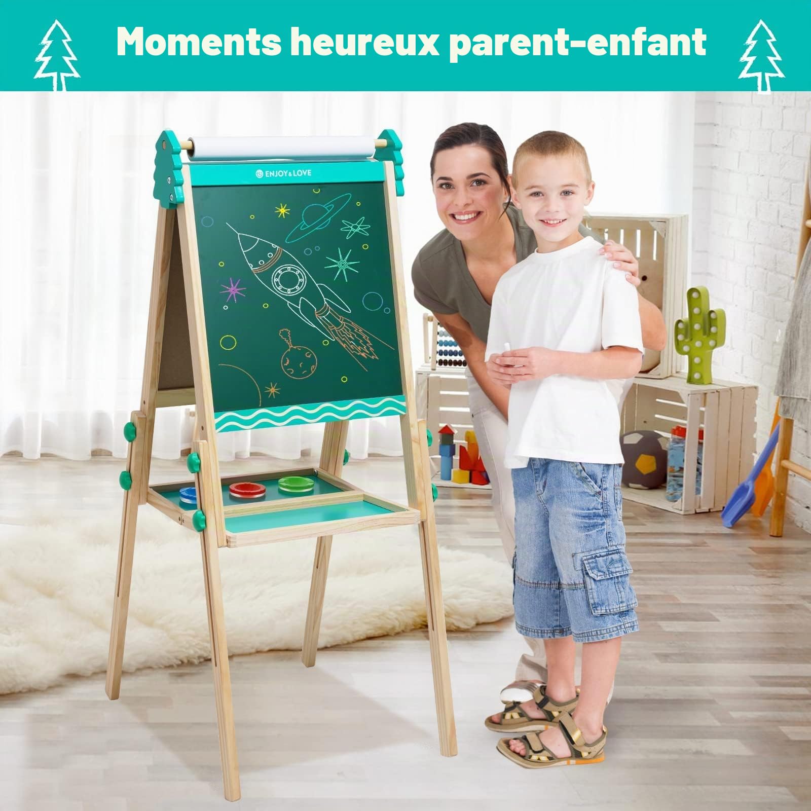 Chevalet Peinture Enfant Tableau Double Face Tableau Blanc et Noir en Bois et Hauteur Réglable avec Rouleau de Papier,Convient aux Filles et aux Garçons âgés de 3 à 8 Ans (Bleu)