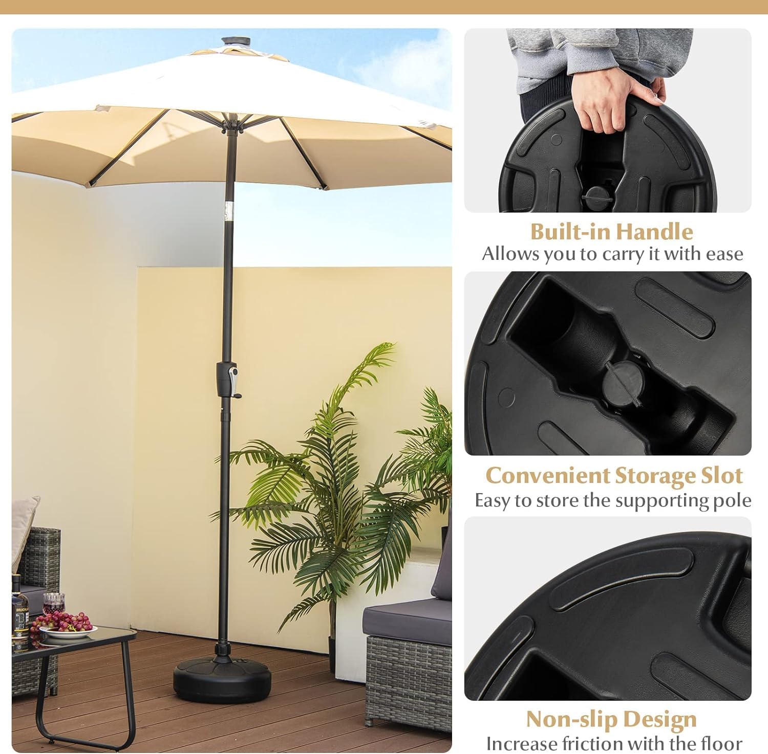 Wytrzymała podstawa parasola tarasowego 18 kg, wypełniana wodą lub piaskiem, zawiera drążek podtrzymujący i zintegrowany uchwyt, uchwyt na parasol stołowy 38 mm do użytku na zewnątrz w ogrodzie