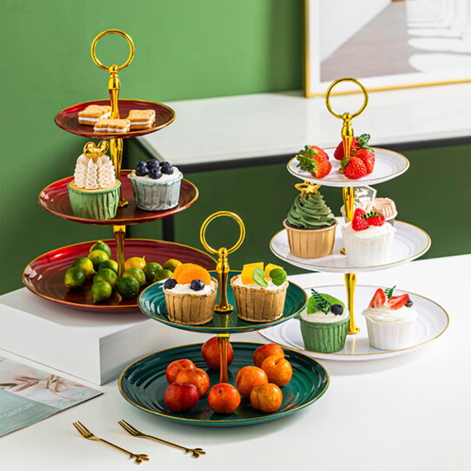 présentoirs à gâteaux à 3 étages pour Cupcakes, Assiettes à Dessert, gâteaux, Fruits, Biscuits, Bonbons, Plateau de Service à étages, Plateau de Service à étages pour Noël, Mariage（Rouge）