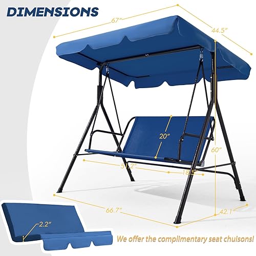 Miniatura 8 de Columpio de patio de 2 asientos, columpio al aire libre con cojines extraíbles, toldo ajustable para patio trasero, porche, jardín, asiento de tela,
