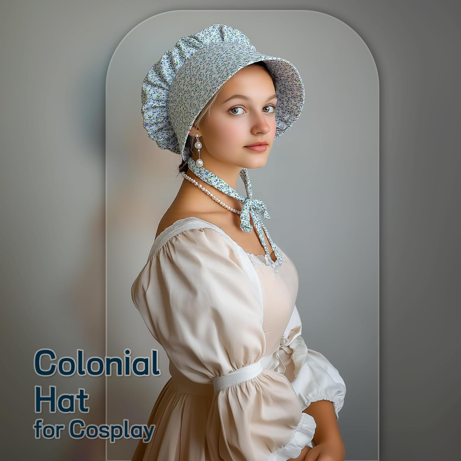 White Bonnet, Colonial Hat Pioneer Mob Hat Maid Cap with Adjustable Straps - Image 2