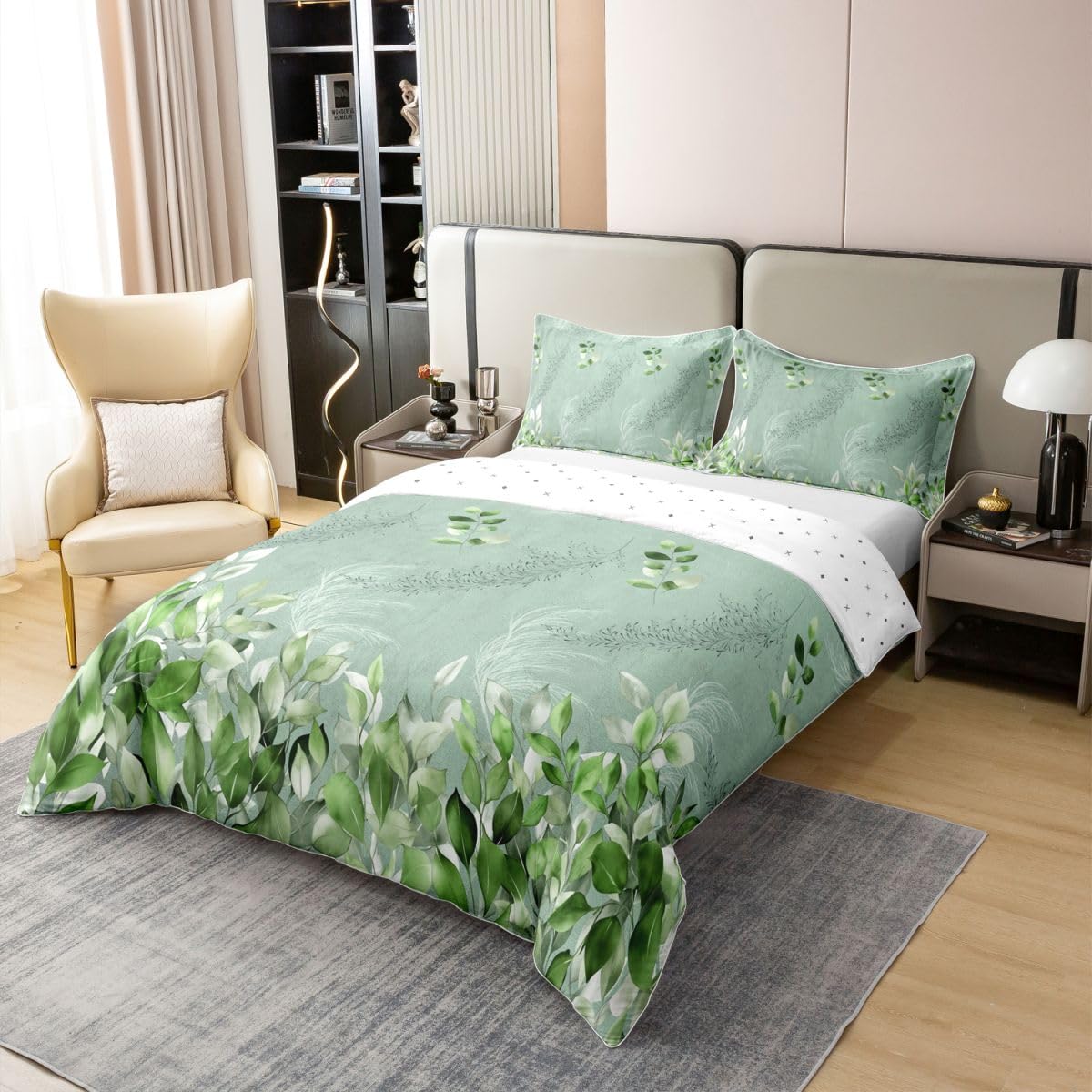 Homewish Szałwia zielona botaniczna kwiatowa królewska poszewka na kołdrę minimalistyczny gradient liście bawełna zestaw pościeli dom botaniczny roślina poszewka na kołdrę eleganckie zielone kwiaty