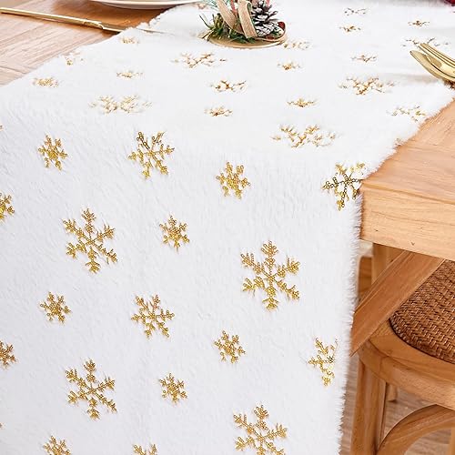 Miniatura 4 de Camino de mesa de Navidad de 13 x 84 pulgadas, camino de mesa rojo con lentejuelas doradas, copos de nieve, camino de mesa de piel para decoración