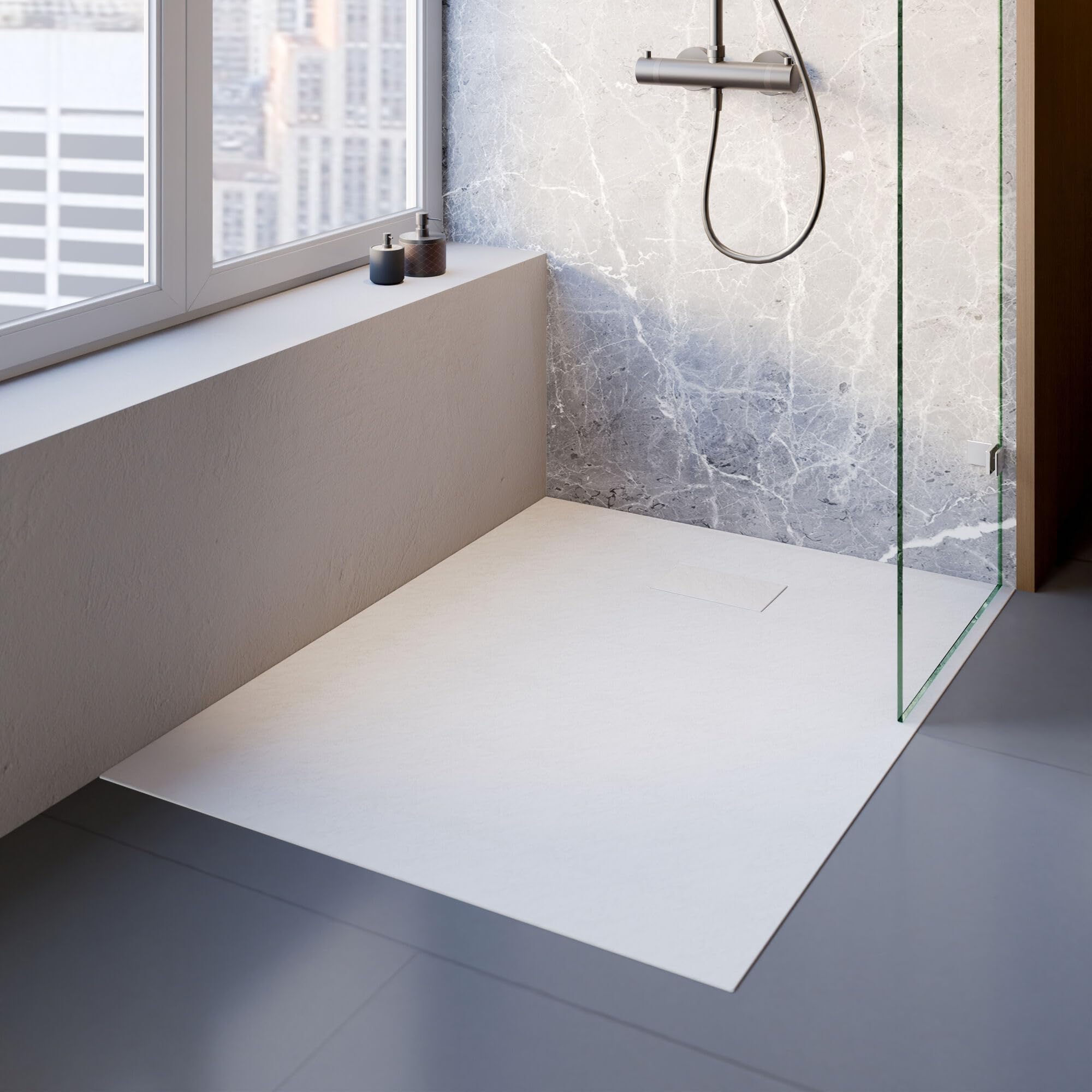 Schulte receveur douche 90x120x3 cm résine effet pierre blanc antidérapant | carré collecteur central