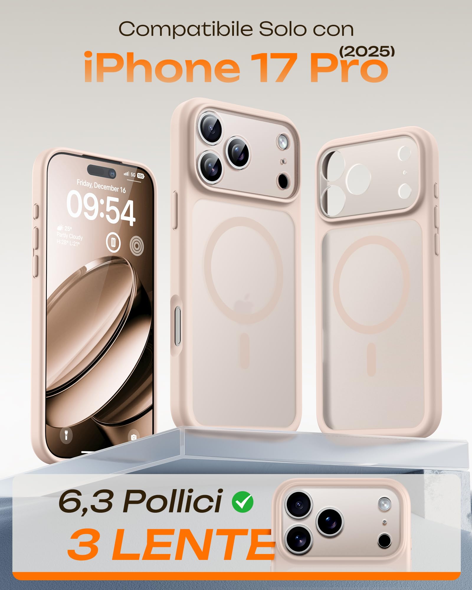 TOCOL Cover Magnetica per iPhone 17 Pro 6,3 Pollic, Compatibile con MagSafe, Anello Magnetico Incorporato, Protezione Fotocamera Integrata, Custodia Antiurto Traslucida Opaca, Titanio Sabbia