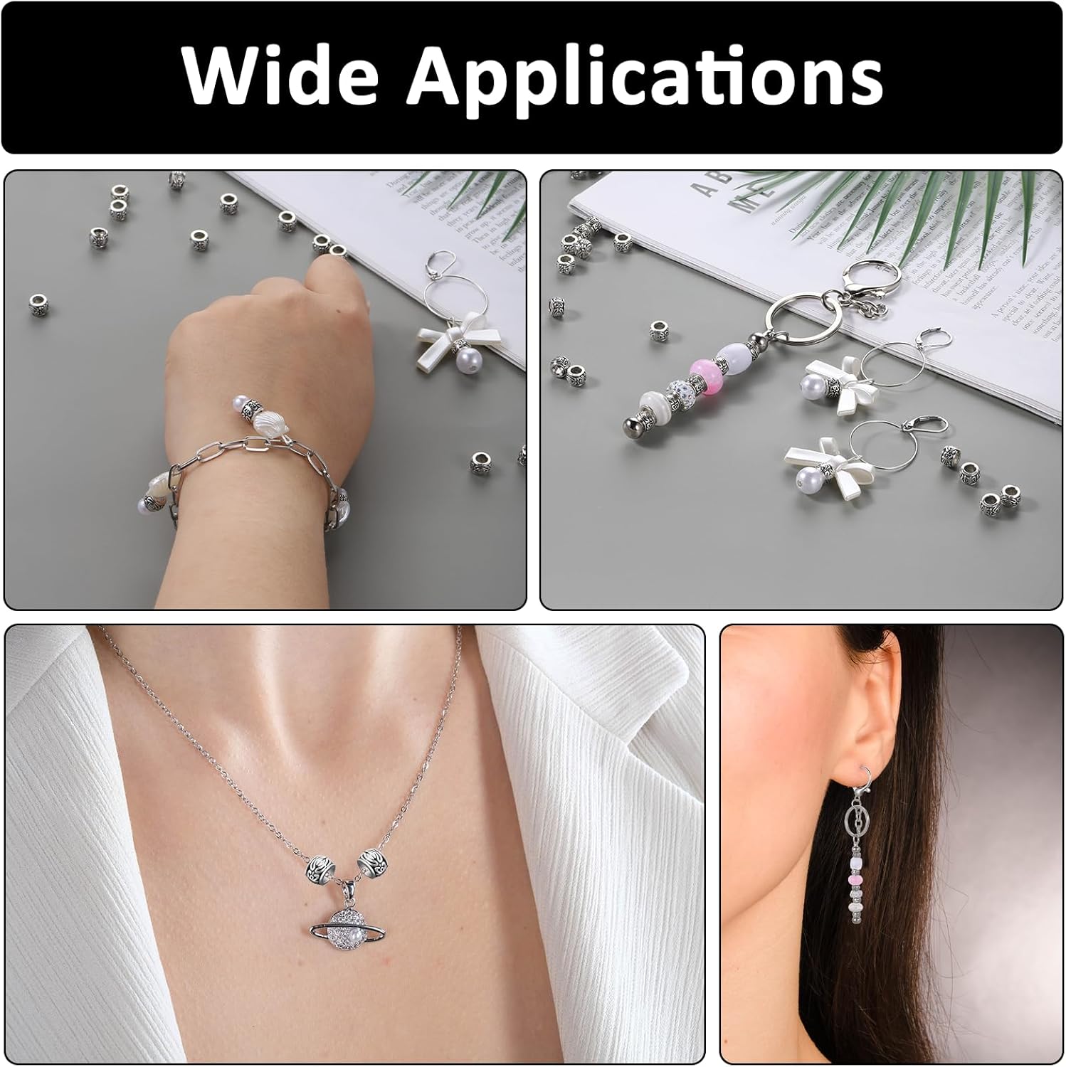 100 PCS Silver Spacer Beads, Large Hole Spacer Beads with Retro Pattern, Round Bead for Bracelet, Necklace, DIY Craft, Jewelry Making Supplies, Aperture 4mm/0.16in - Image 5