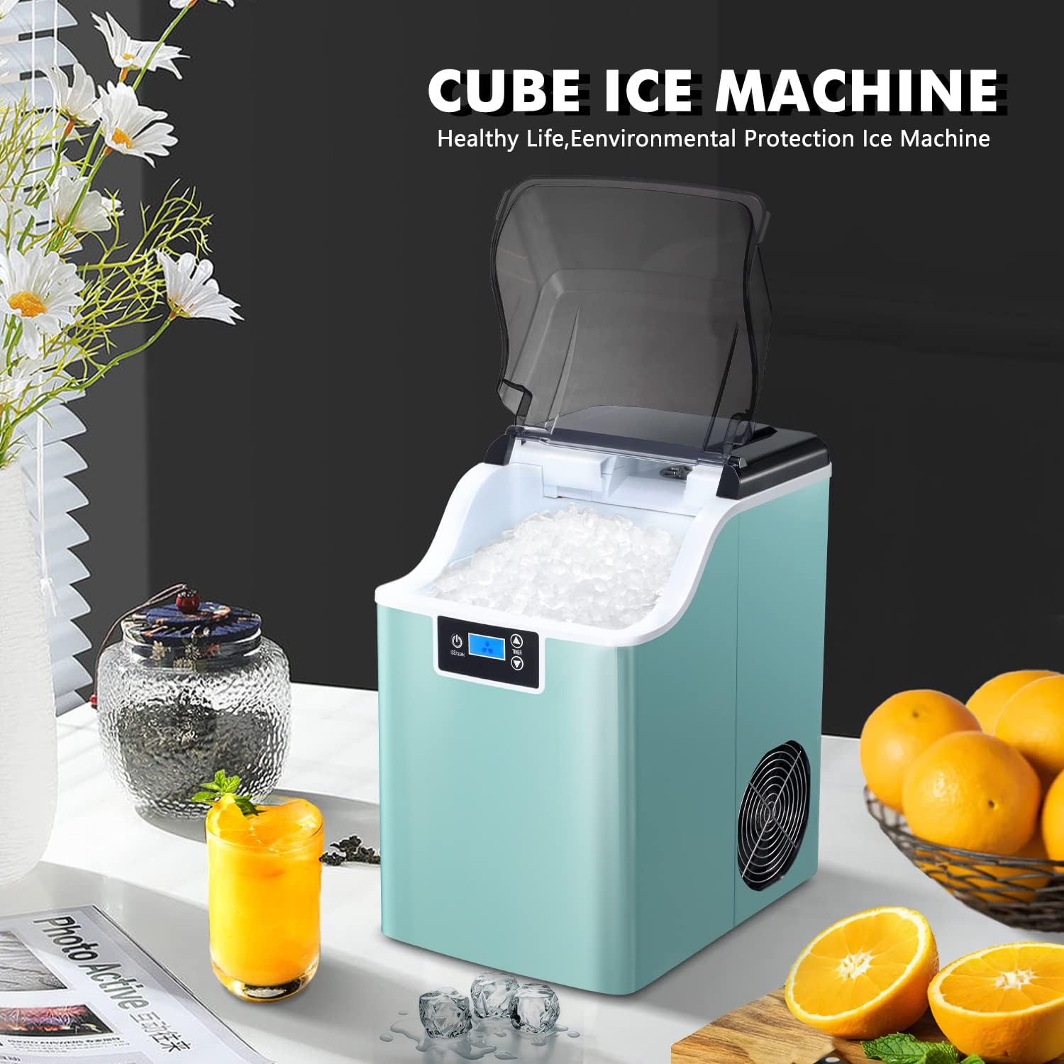 Nugget Ice Maker Countertop Ice Machine Pellet Ice Portable Self-Cleaning Compact Ice Machine, 44lbs/24h With Ice Scoop And Ice Basket For Kitchen/Office/Bar/Party(Green) on Fridge.com - View 4
