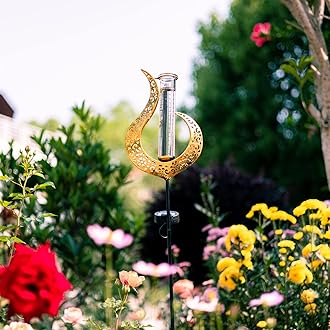 Rain Gauge Outdoor Decorative, Solar Garden Rain Gauge, 7" Capacity Glass Tube Metal Flame Shape for Garden Yard Lawn