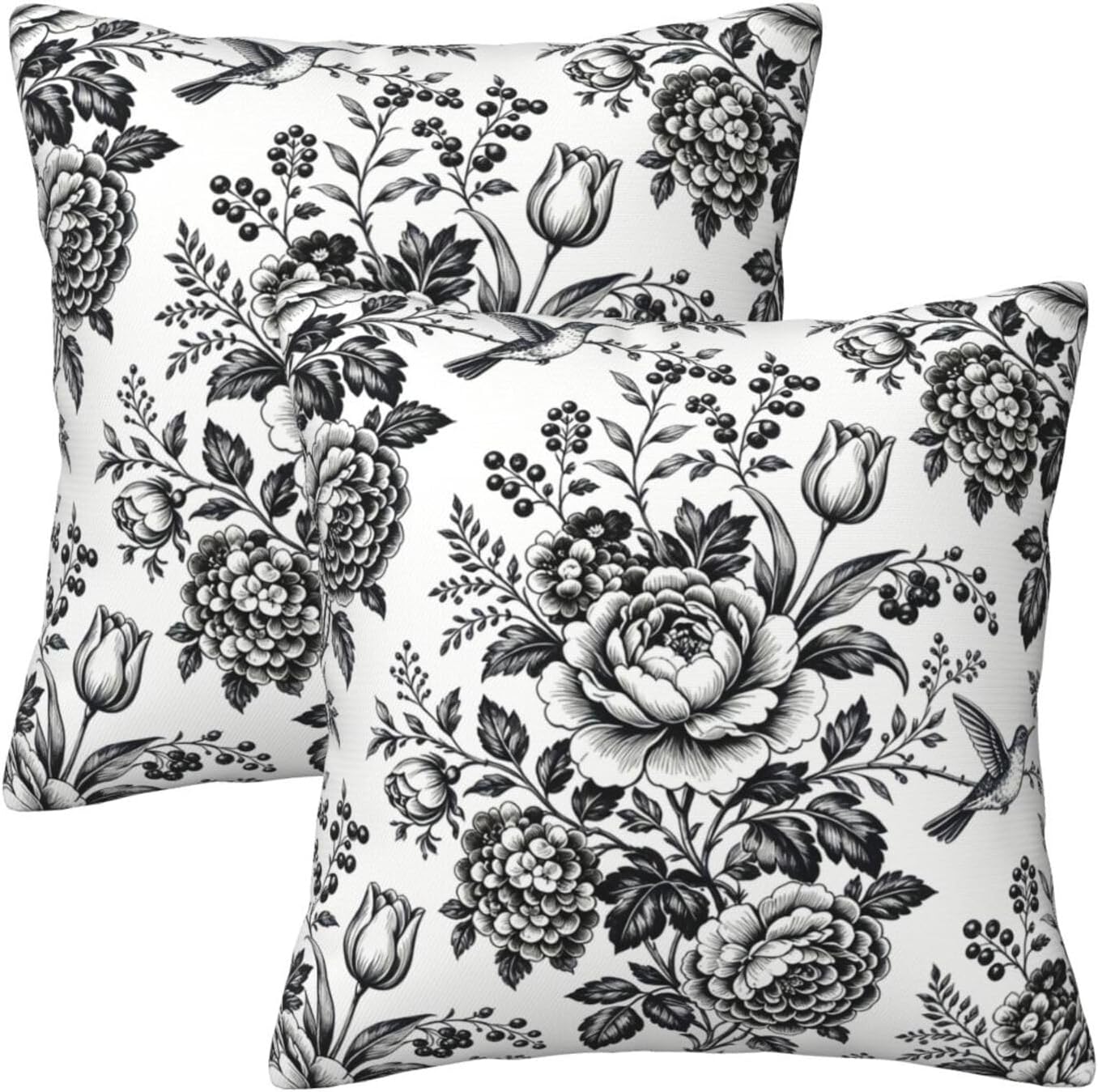 Black White Vintage Floral Throw Pillow Covers 18x18 Inches Set of 2 Farmhouse Square Cushion Cases