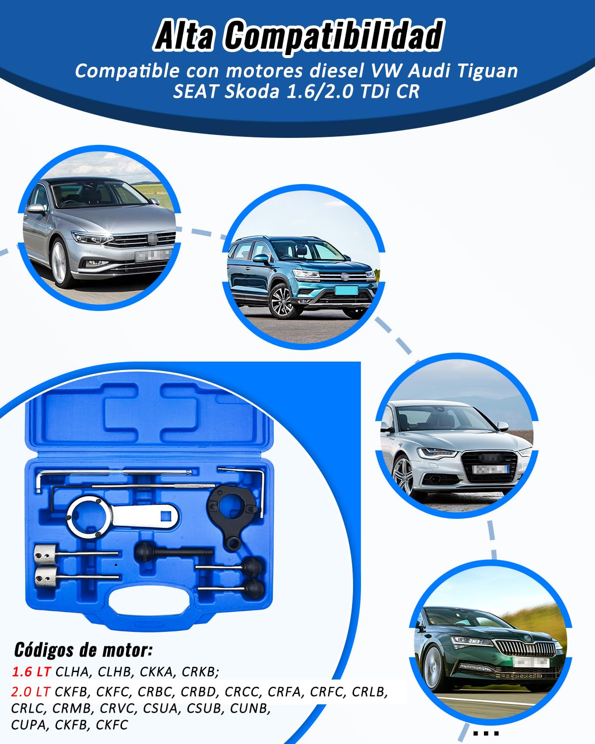 Herramientas de Ajuste del Motor Compatible con VW VAG Audi Seat Skoda 1.4 1.6 2.0 TDI CR, Juego Correa Distribución del árbol de levas Reemplaza T10264 T10265 T10490 T10492 T10051 T10060A