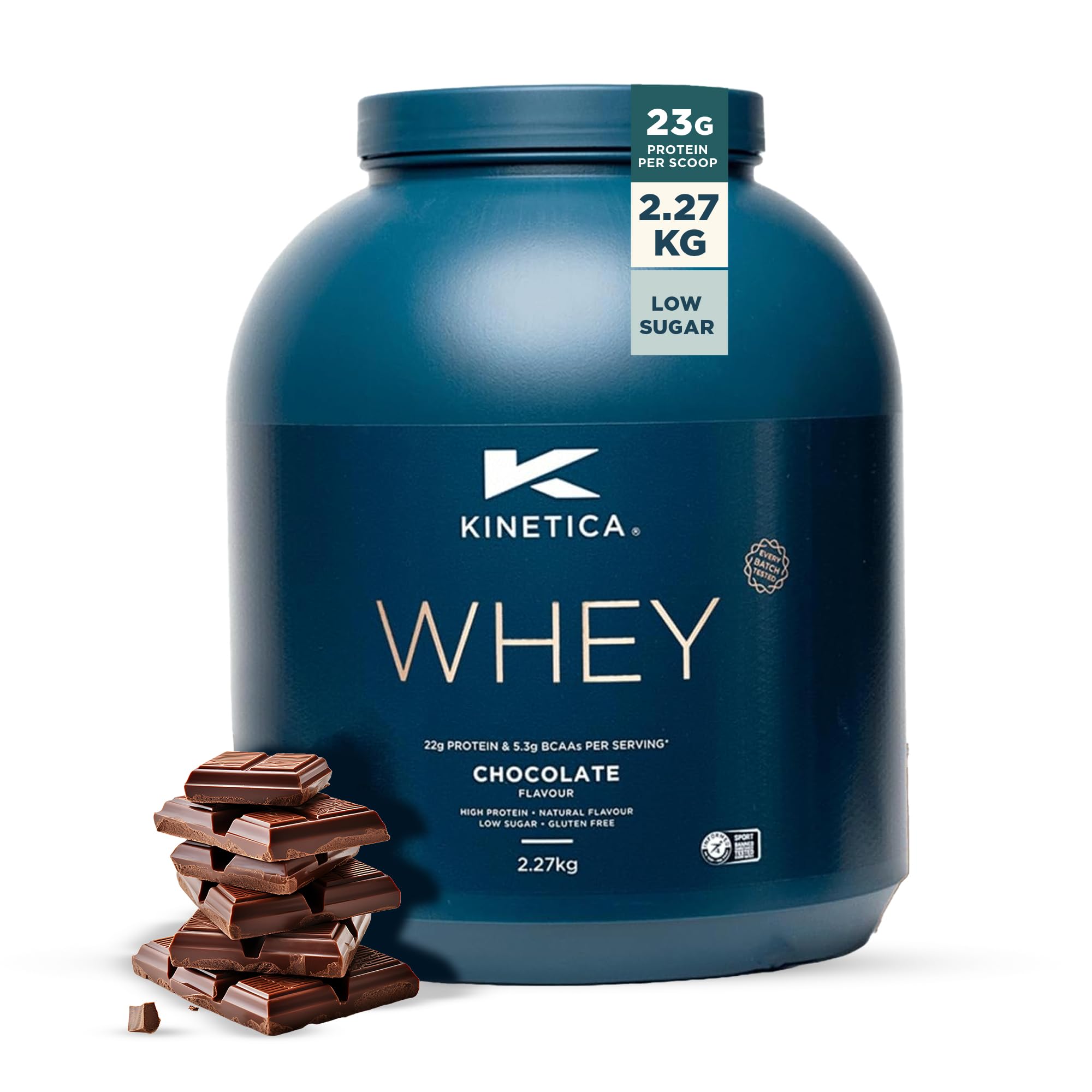 Kinetica Sports Whey Protein Powder - Chocolate Flavour |22g Protein/Serve, 76 Servings/2.27Kg Pack |Gluten Free Supplement | Optimum for Muscle Growth & Recovery |Mixes Well with Water, Milk & Shakes