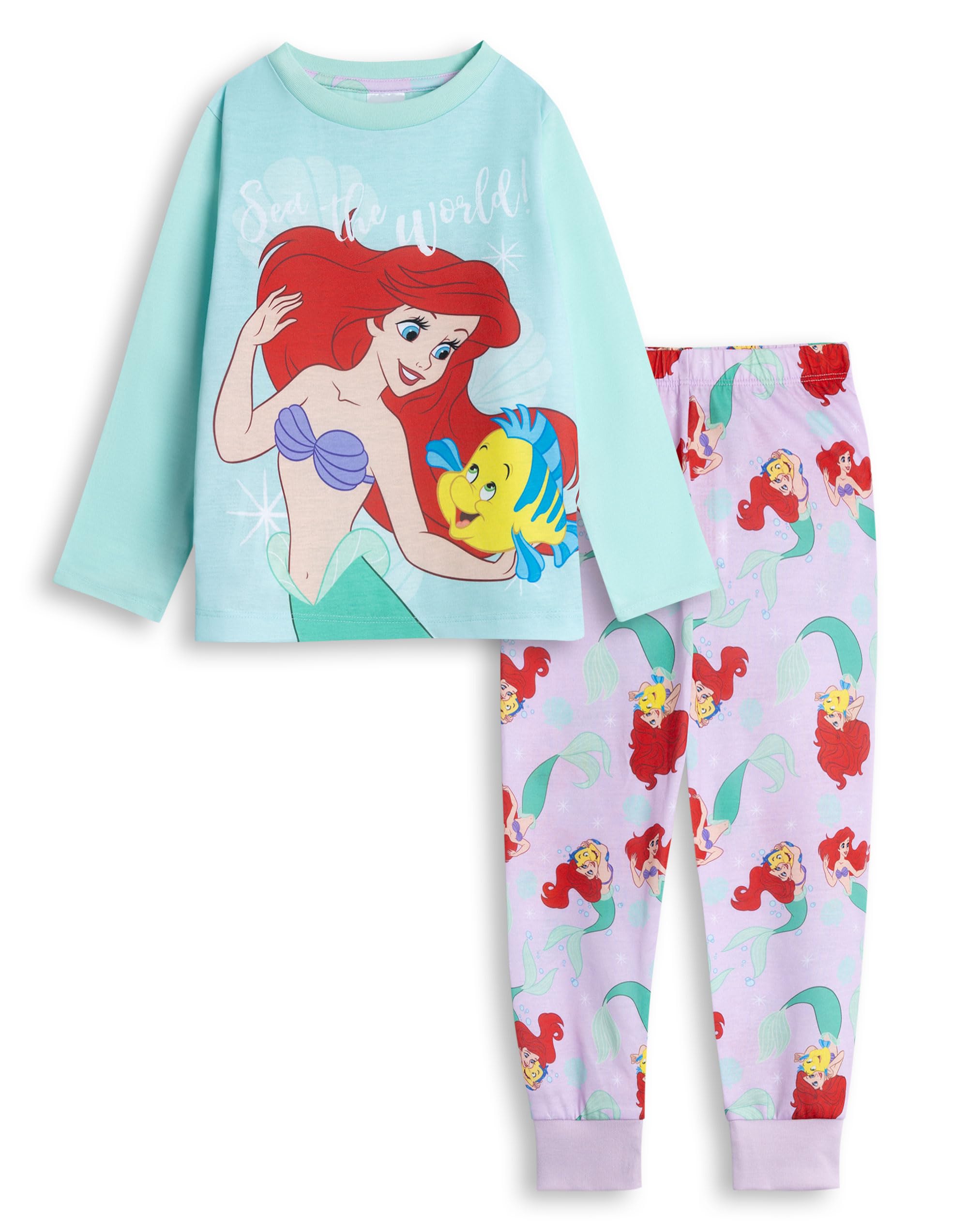 Disney The Little Mermaid Girls Multi Long Sleeve Long Leg Pyjama Set | Ariel Flounder Sleepwear for Bedtime & Lounging | Comfortable Nightwear for Kids Merch - 8-9 Years