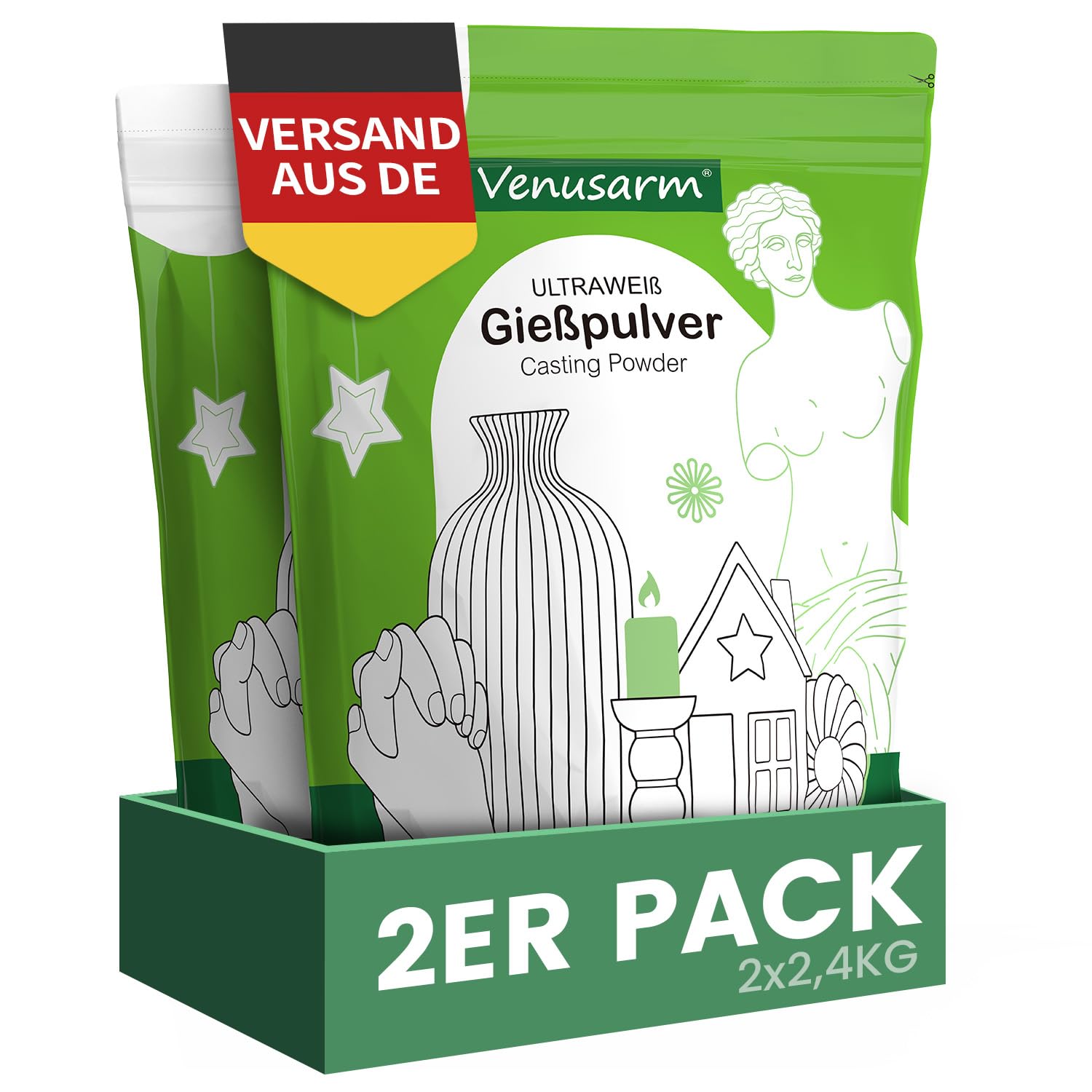 Venusarm Gießpulver Weiß 4,8kg, Gießpulver wie Neuschnee, Gießmasse wie Spiegel Glatter, Beruhigende Härte Gips zum Gießen für Detailgetreue Reliefs Kunsthandwerk Ornamente Gipsformen DIY