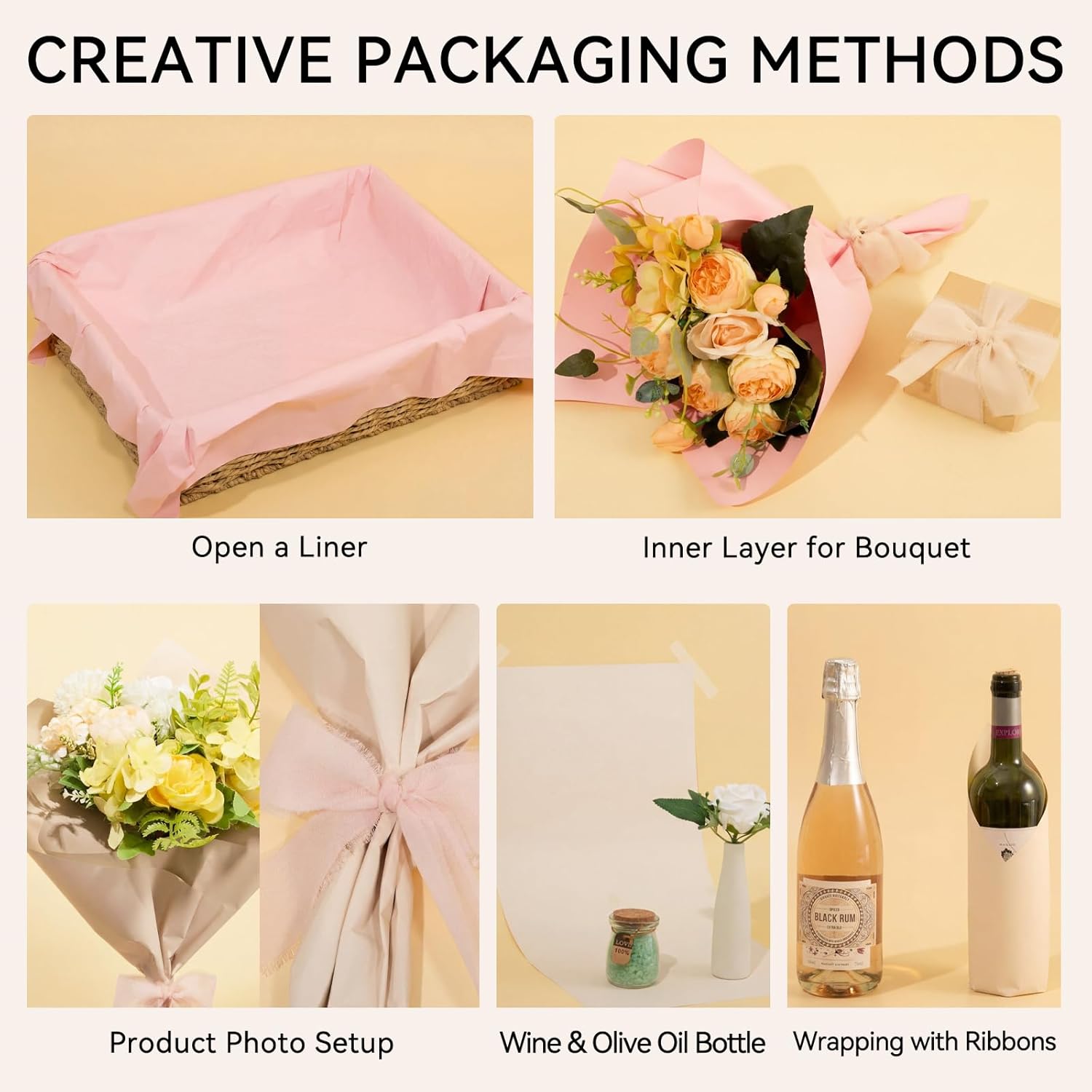 Fuyoooo Pink & Champagne Wrapping Paper Set with Ribbon, 2 Rolls 22.4 in x 32.8 ft Pearly Lustre Gift Boxes Wrapping Paper with 16.4 ft Ribbon for Flower Bouquets, Wedding Baby Shower Birthday Party