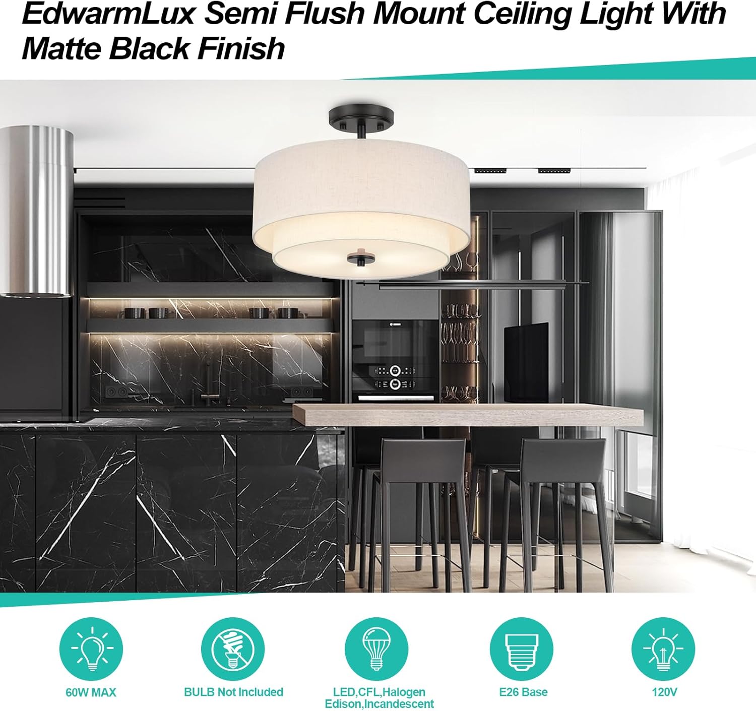 Edwarmlux 3-Light Semi Flush Mount Ceiling Light, 16" Drum Light with White Fabric Shade, Modern Close to Ceiling Lamp for Living Room Bedroom Dining Kitchen Hallway Entry (Matte Black)