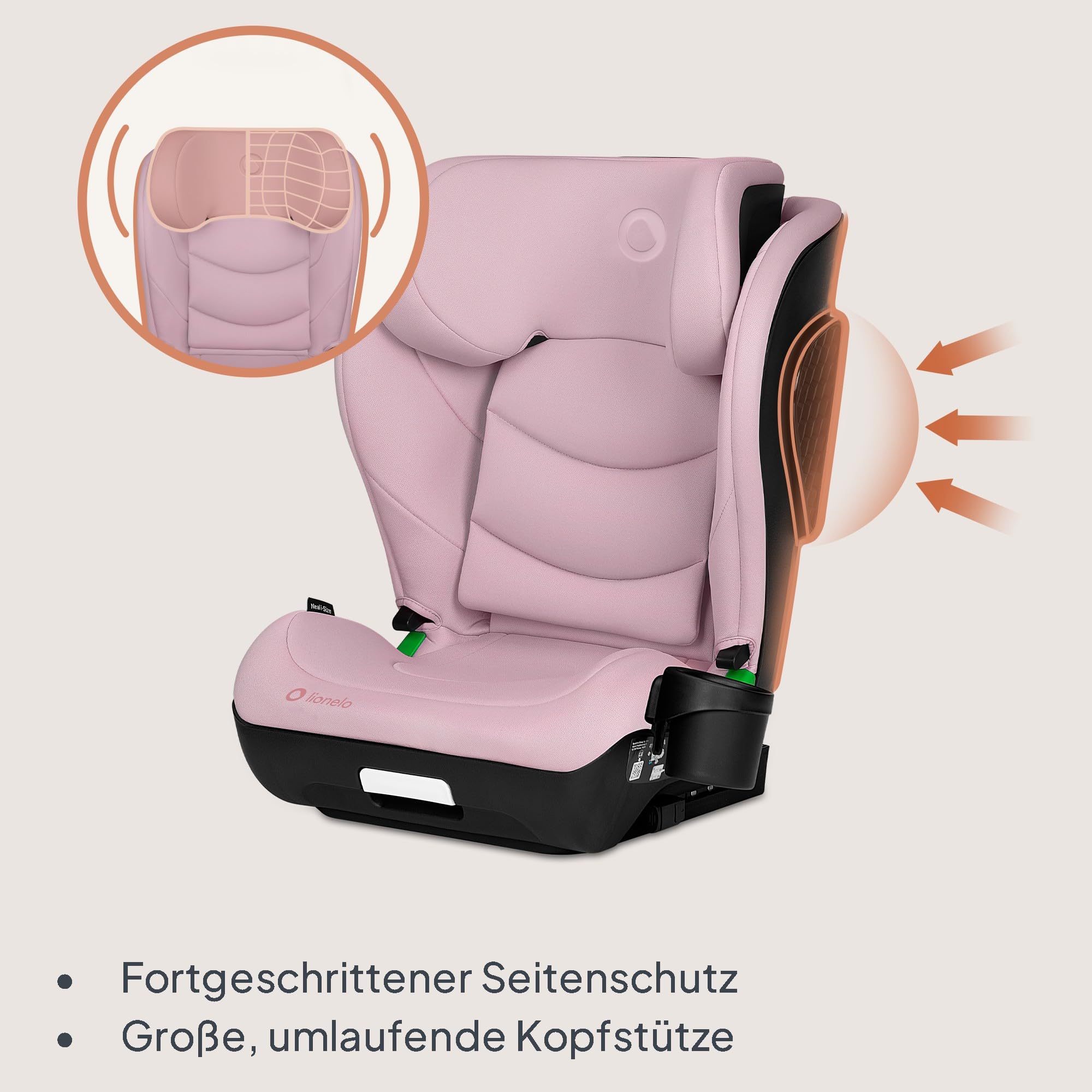 LIONELO NEAL I-SIZE Kindersitz, Gruppe 2 3, von 100-150 cm | Von ca. 3 bis 12 Jahren Befestigung ISOFIX oder ohne Gurte Verstellbare Kopfstütze Seitenschutz Armlehnen Standard R129