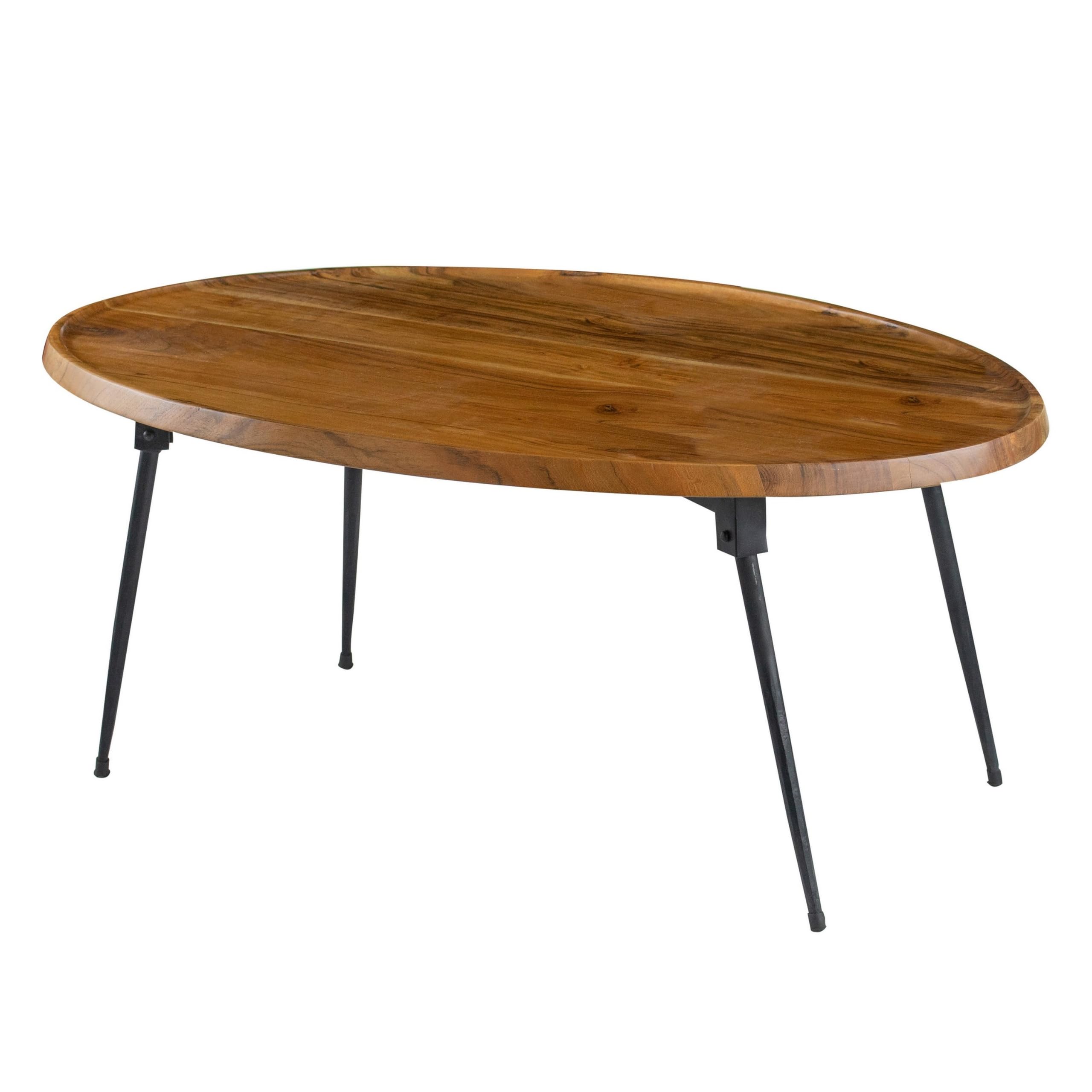 Benjara Aji 31 Inch Coffee Table, Oval Acacia Wood Top, Iron Legs, Brown and Black