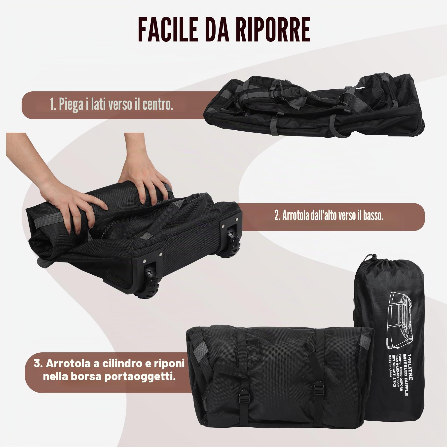REDCAMP Borsone con ruote, grande borsone pieghevole da viaggio con rulli, nero, 85L/120L/140L, 140 l-nero