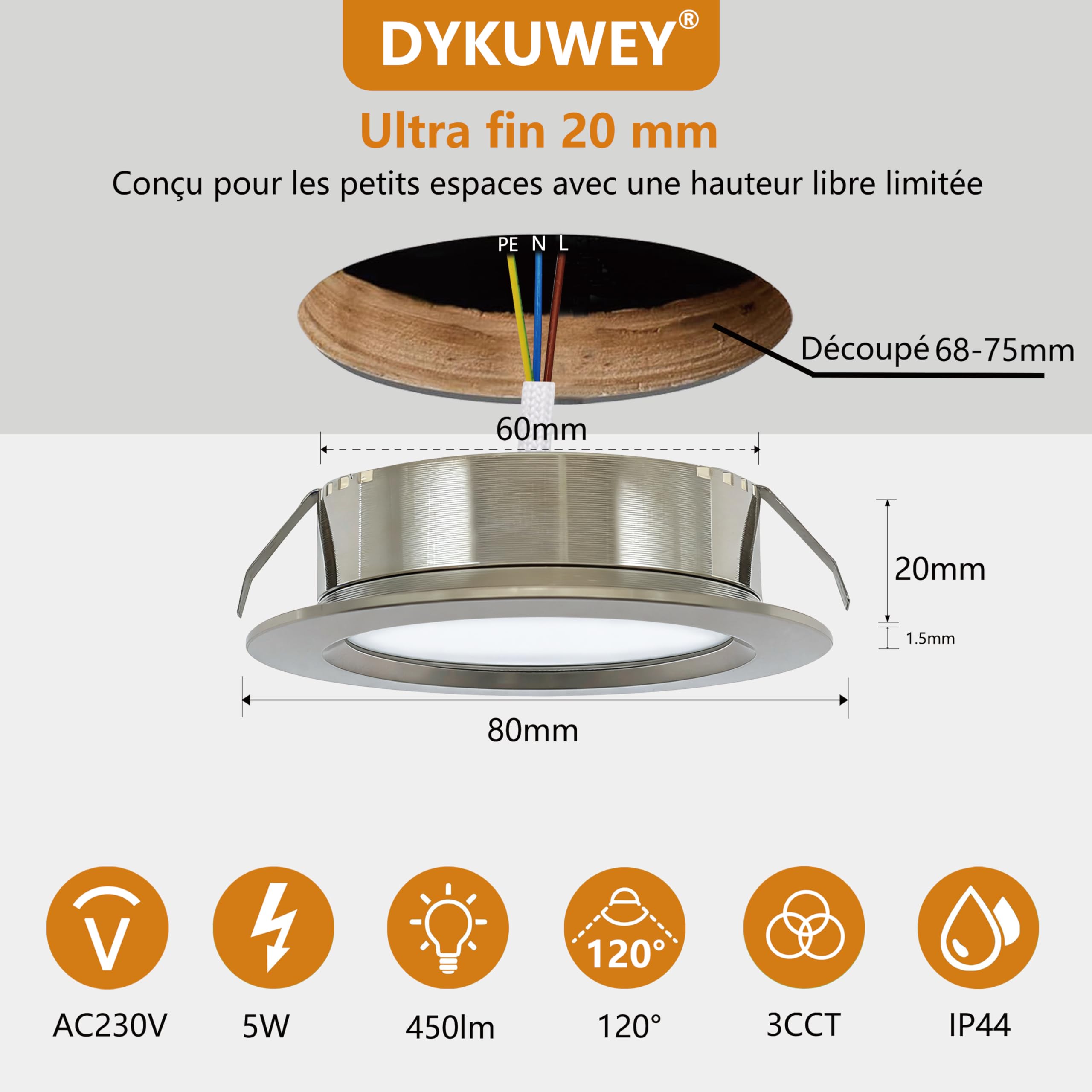 Spot LED Encastrable 5W 230V,Spots de Plafond Encastre 68mm-75mm Découpe,Extra Plat 20mm Blanc Chaud 2700K Blanc Neutre 4000K Blanc Froid 6000K IP44 Spot Salle de Bain pour Cuisine (Nickel, Lot de 6)