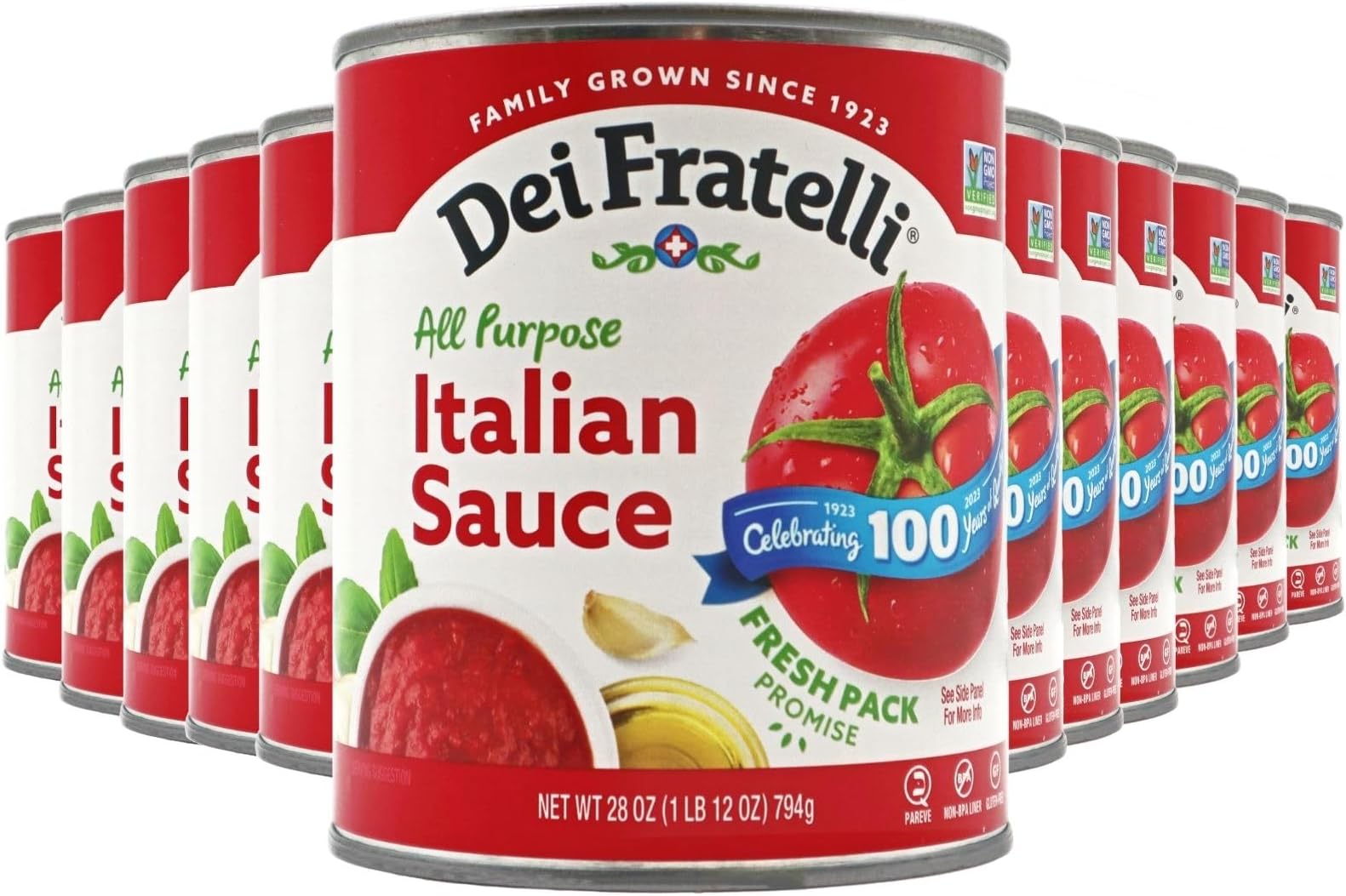 Italian Sauce (28 oz. Cans, 12 pack) - Vine-Ripened - No Water Added, Not from Paste – Non GMO, Gluten-Free - Fifth-Generation Family Recipe