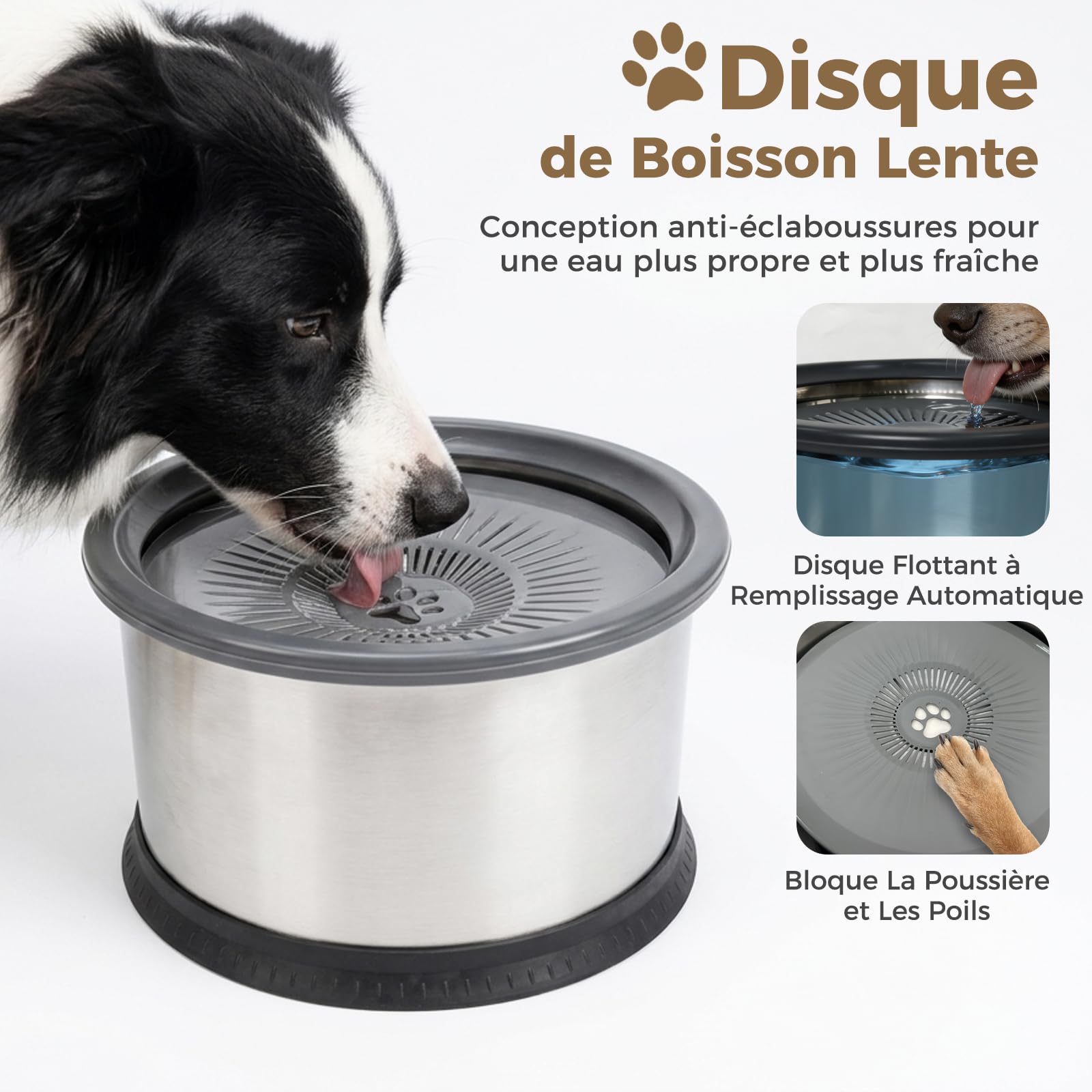 Gamelle d'eau pour Chien 6.5L sans Déversement, Gamelle Anti Éclaboussure en Acier Inoxydable, Bol Boire Lent Anti Goutte avec Base Antidérapante, pour Intérieur Extérieur Voiture Camping (Gris)