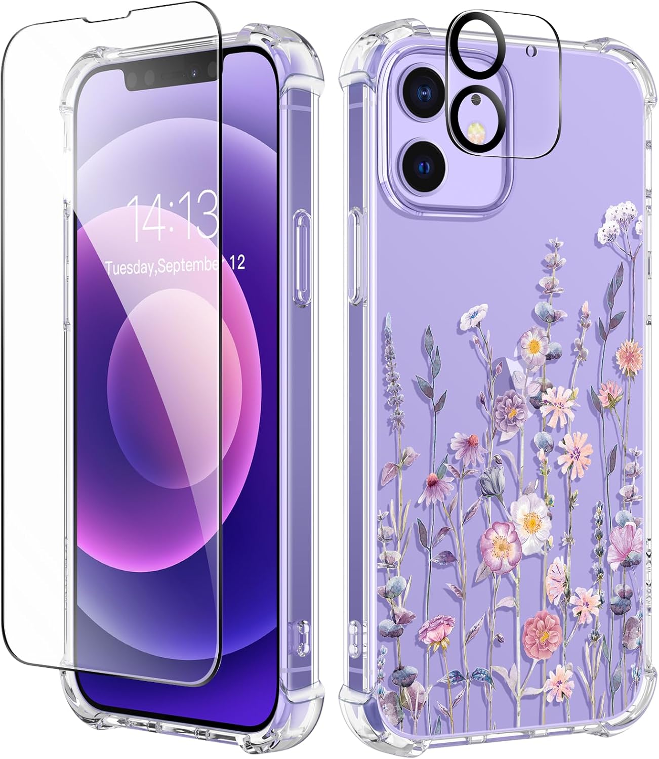 GVIEWIN for iPhone 12 Case and iPhone 12 Pro Case with Screen Protector + Camera Lens Protector, Clear Flexible TPU Shockproof Cover Women Girls Flower Pattern Phone Case 6.1 (Floratopia/Colorful)