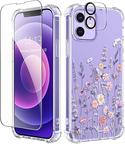 GVIEWIN Funda para iPhone 12 y iPhone 12 Pro con protector de pantalla + protector de lente de cámara, funda transparente de TPU flexible a prueba