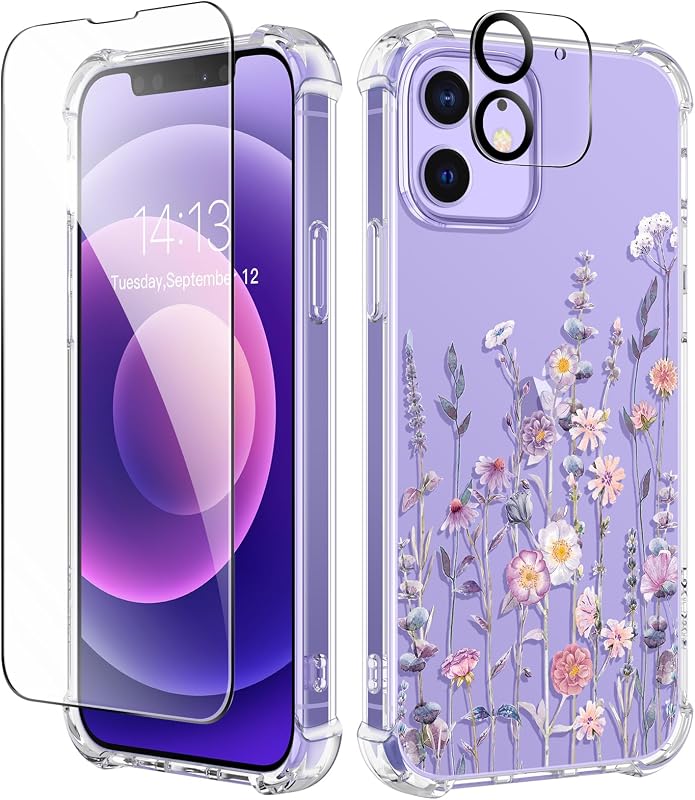 GVIEWIN para iPhone 12 y iPhone 12 Pro Protector de pantalla y protector de lente | Funda protectora para teléfono transparente, suave, a prueba de golpes, floral, no amarillenta, para mujer, diseño de patrón de flores de 6,1 pulgadas (Floratopia/colorido)