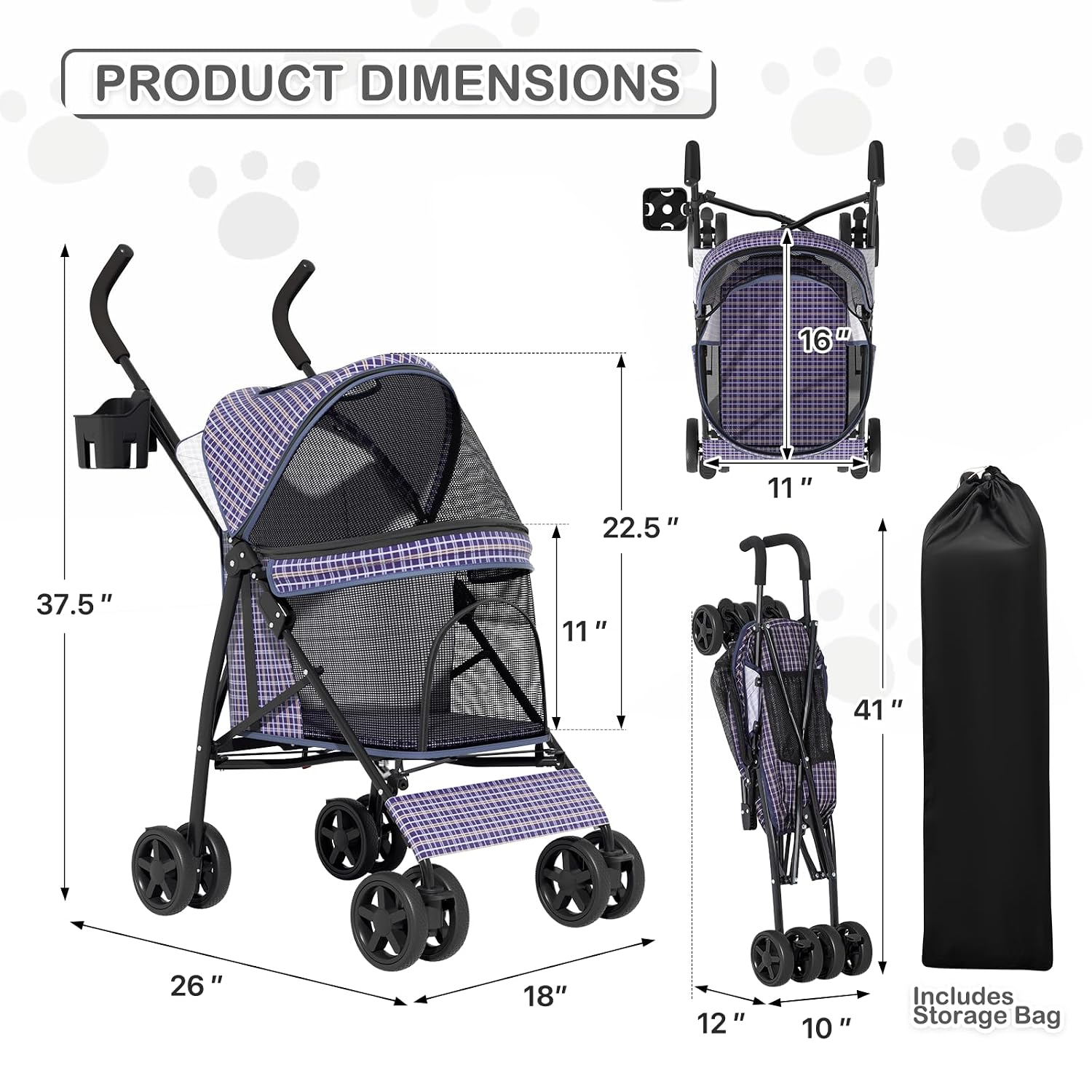  Pet Stroller for Small/Medium Dogs and Cats up to 22 lbs, Plaid thumbnail