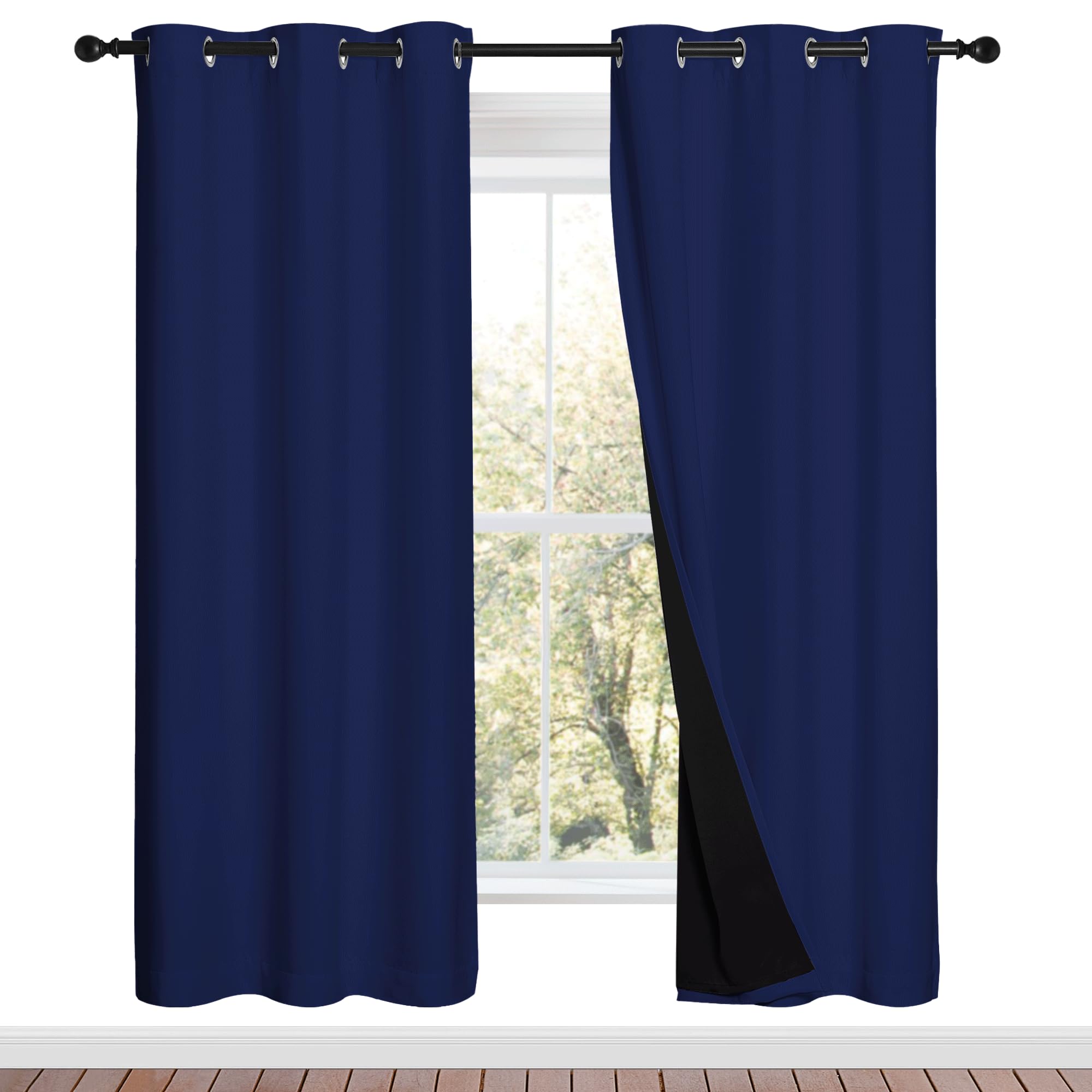 NICETOWN 100% Blackout Curtains with Black Liner Backing, Royal Blue, 37 inches x 70 inches Per Panel, Set of 2, Thermal Insulated Curtains for Living Room, Noise Reducing Drapes