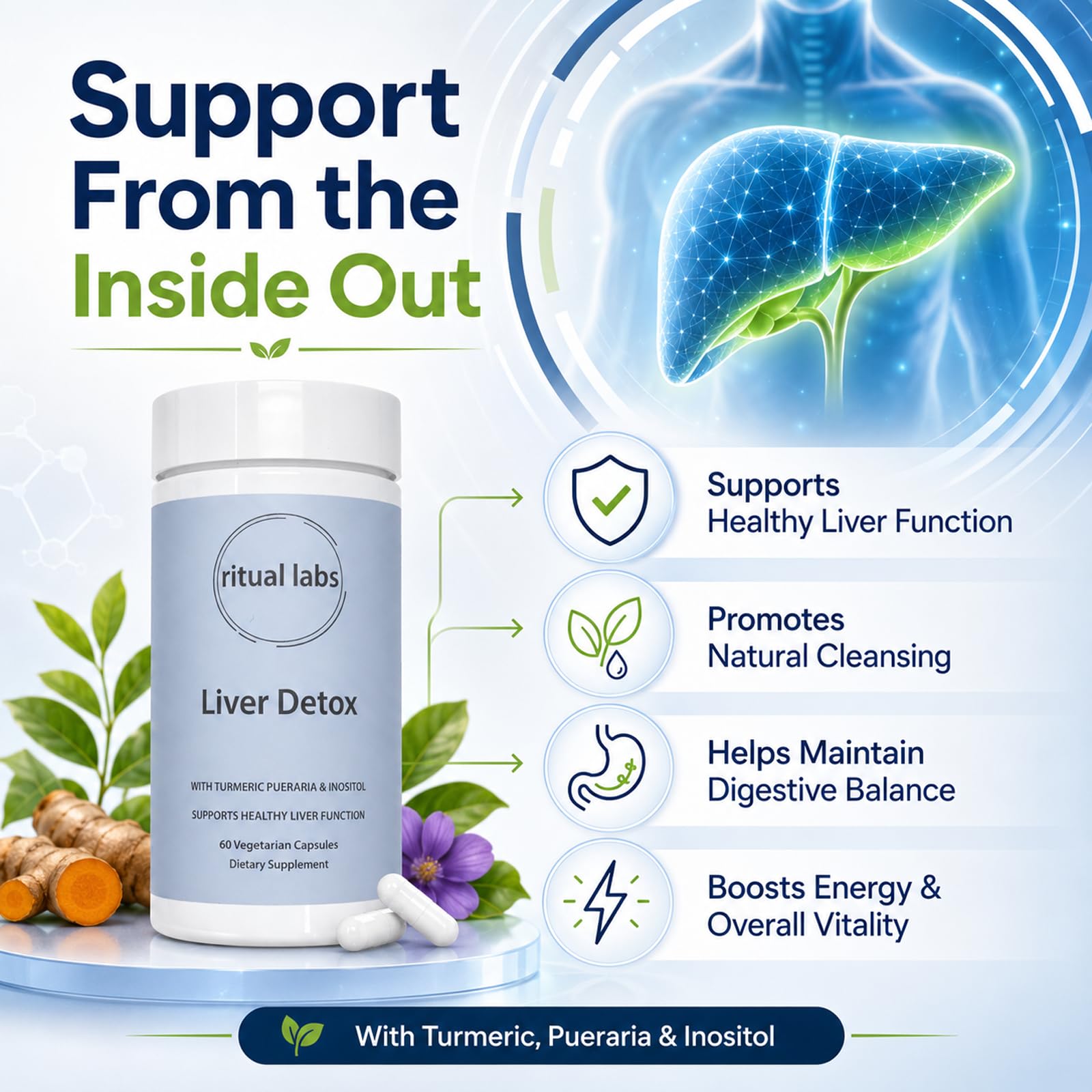 Liver Support, with Turmeric Pueraria & Inositol, Energy for Healthy Liver Function, Vegan, Gluten-Free, Natural Cleansing & Fat Metabolism, 120 Vegan Capsules — Amazon image 2