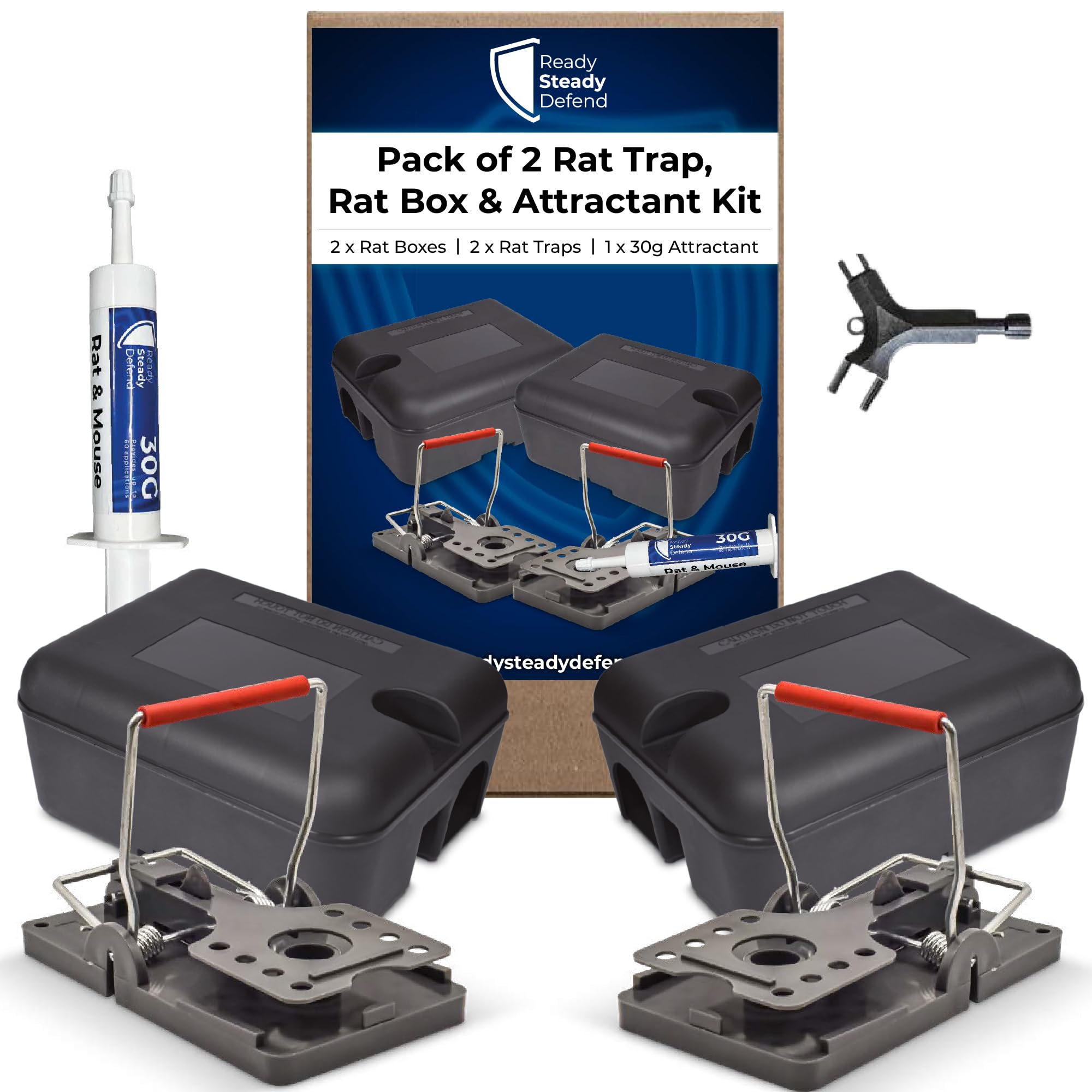 Ready Steady Defend Outdoor Rat Trap Kit - 2 Heavy Duty Tamper Resistant Bait Boxes with 2 Snap Traps and 30g Attractant Syringe - Weatherproof Child and Pet Safe External Rodent Control Station