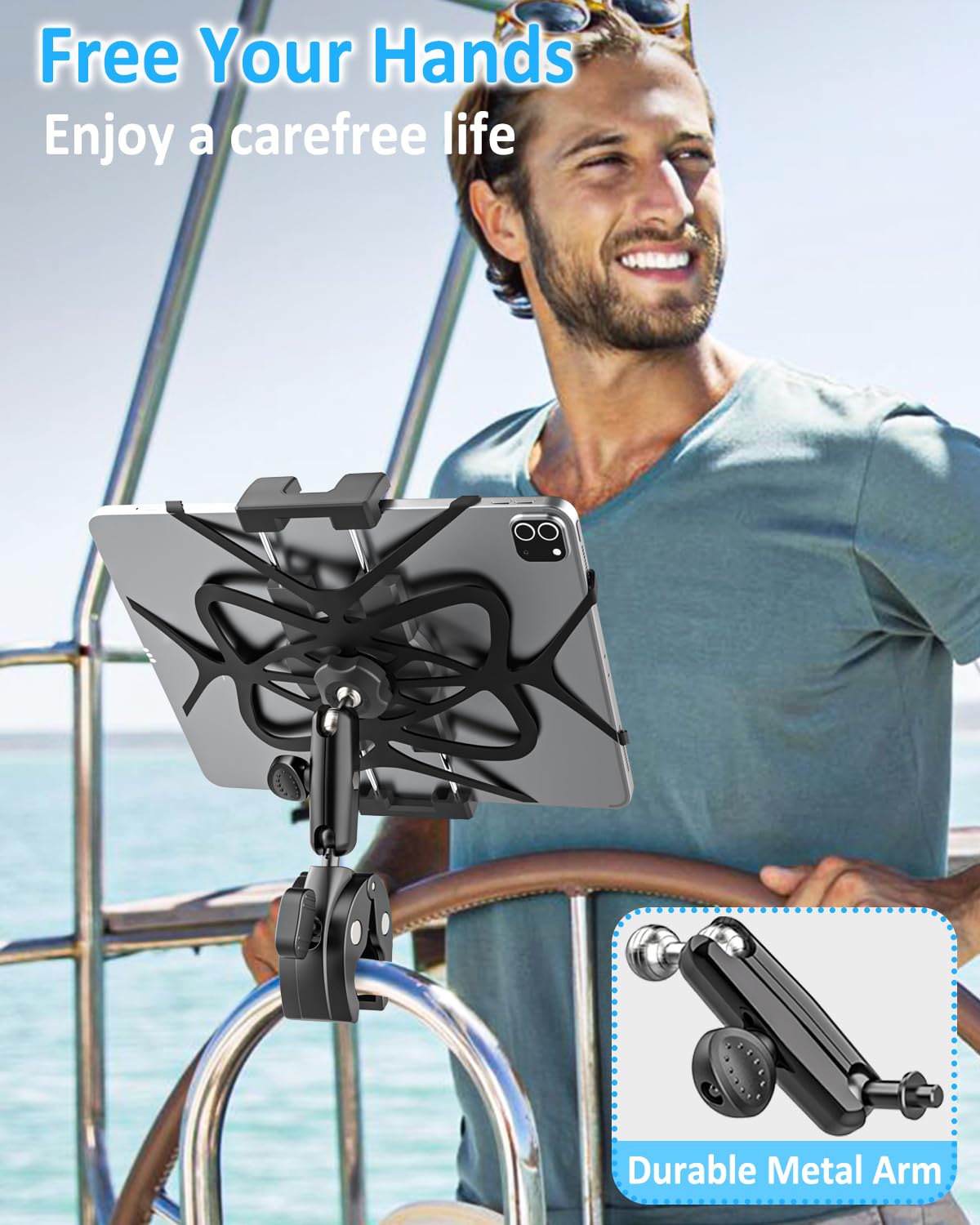 Supporto Tablet Barca Metallo Robusto, Supporto iPad Barca a Vela Yacht con Braccio in Alluminio, Palo Barra Tubo Manubrio Morsetto Bicicletta per Tablet e Telefono, 4-13" (Con Cinghia Anticaduta)