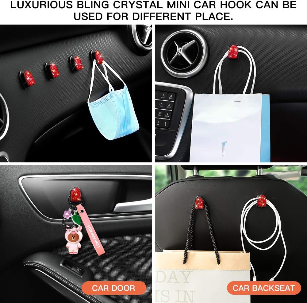 Otostar 4 Pack Bling Crystal Car Mini Hook, Multifunctional Car Hanger Storage for Key, Earphone, Charging Cable, Purse, Universal Car Accessories (Red Crystal)