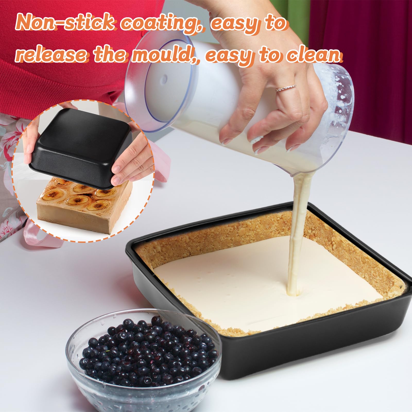Lot de 2 plats à gratin carrés, en acier au carbone, rectangulaires, avec revêtement anti-adhésif, pour lasagnes, gâteaux à brownie, 19 x 19 x 5 cm