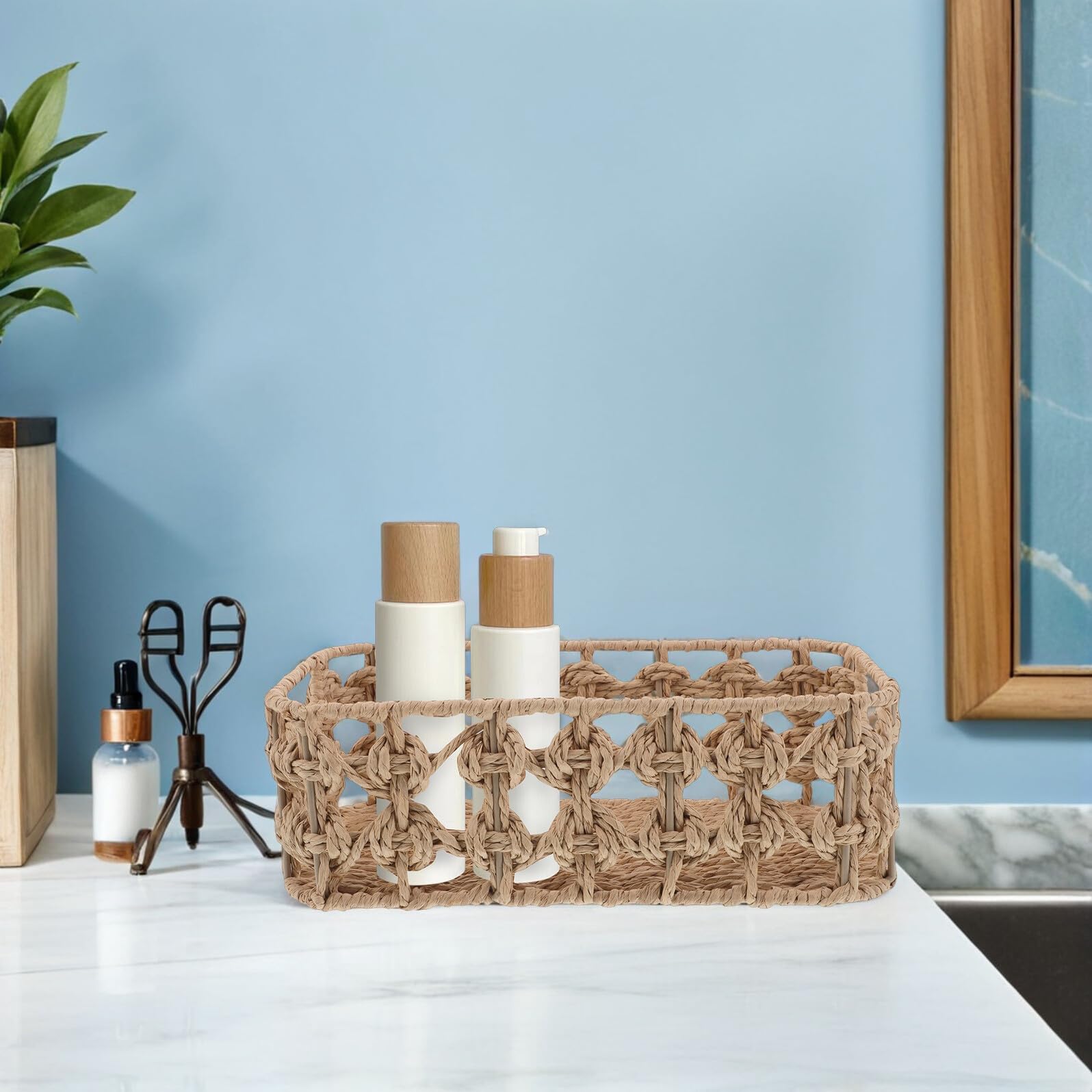 CHILDWEET 2pezzi Cestino Rattan Organizzativo per Scrivania Cestini Intrecciati Mano per Portaoggetti Casa Ufficio Cestini Portafrutta in Finto Rattan