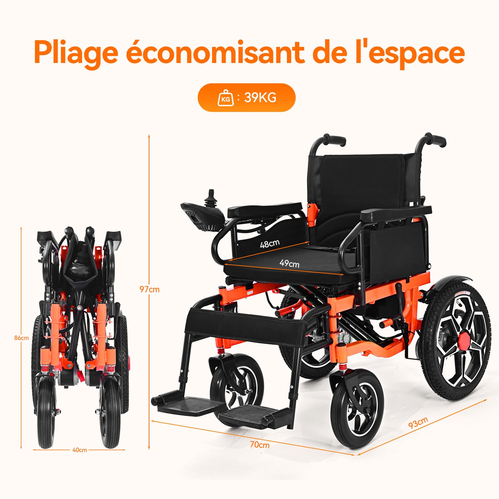 D09 Fauteuil roulant electrique pliable lourd à largeur élargie, pour 150KG, 30KM fauteuil handicapés électrique Stable,Chaise roulante électrique avec 42CM pneus gonflables amortisseurs