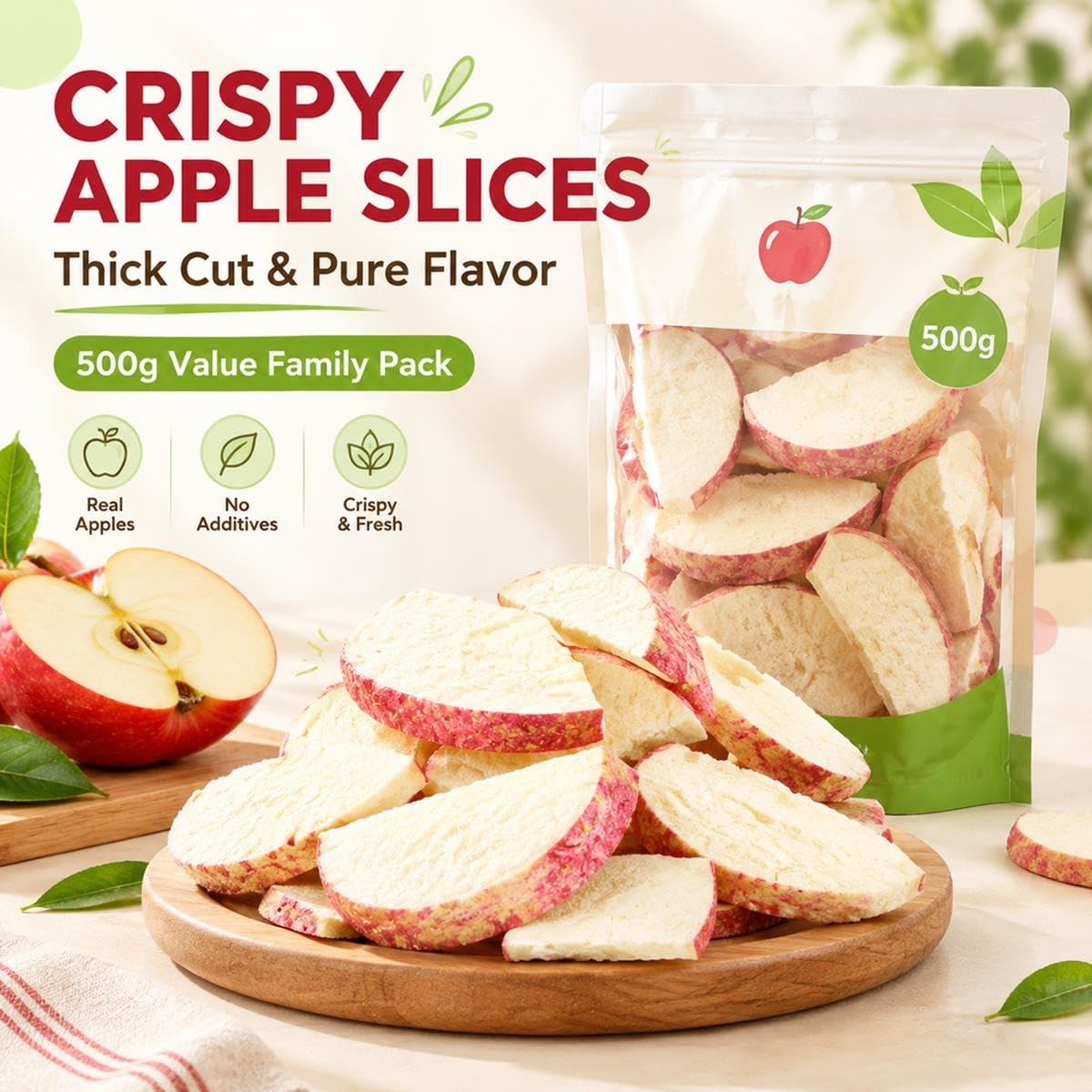 Rodajas de Manzana Liofilizada,Corte Grueso,Snack Crujiente,500g