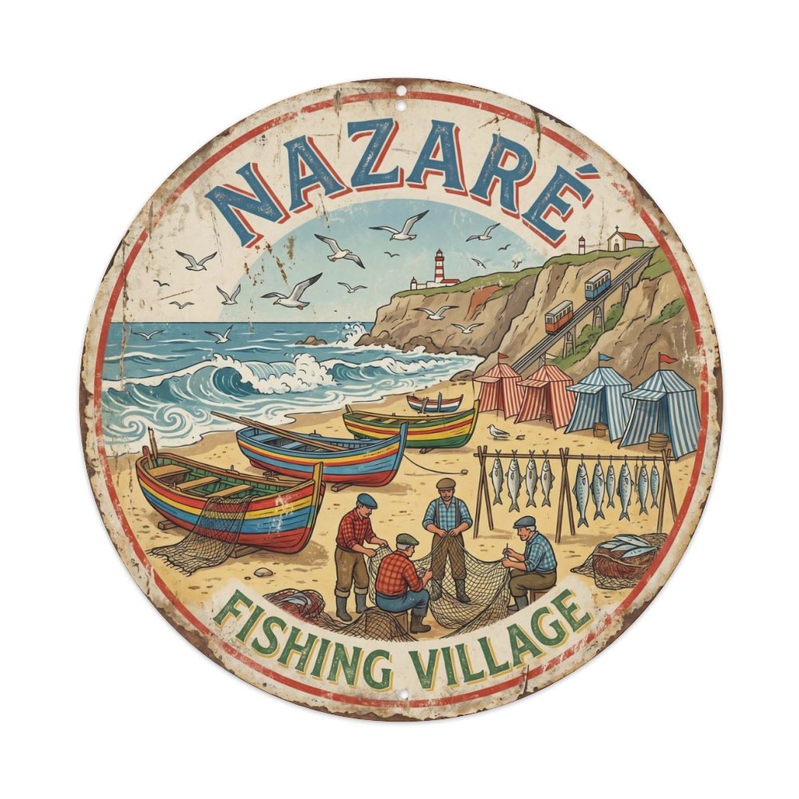 Vintage Travel Nazare Fishing Village (2) Metal Tin Sign Plaque Wall Decor for Cafe, Club Bar, Office, Home Garden Round Metal Poster 8x8Inch