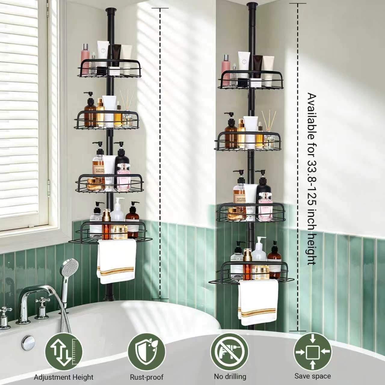 Corner Shower Caddy Tension Pole, 4-Tier Rustproof Stainless Steel Floor to Ceiling Shower Shelves with Soap Holder, No-Drill Adjustable Bathroom Organizer, Extendable 33.5-124.4 Inches, Black