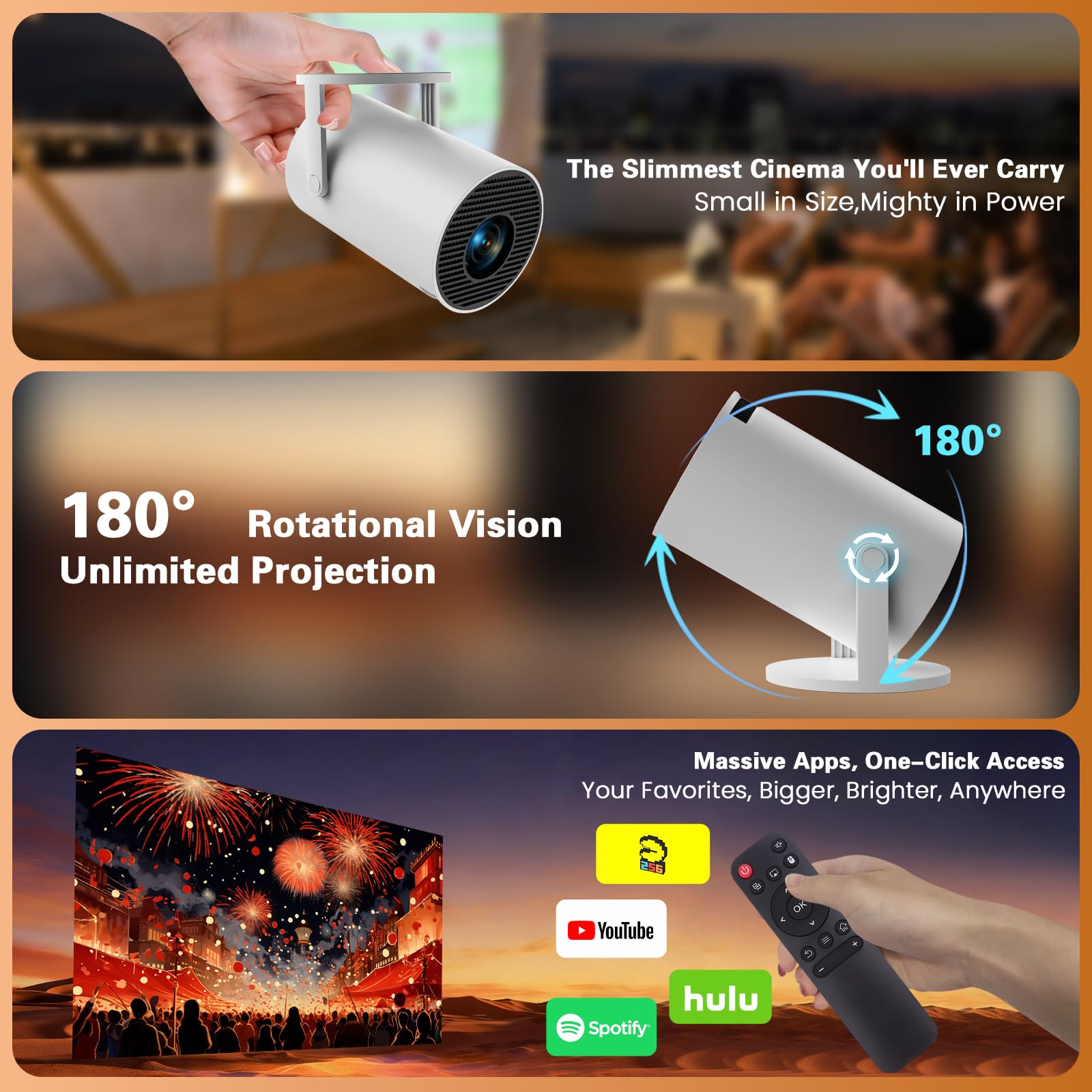 [App intégrée] Vidéoprojecteur 4K 1080P, Mini Projecteur Portable 180° Rotation WiFi 6 BT 5.4, Projecteur Full HD 1080P Auto Correction Trapézoïdale Horizontale
