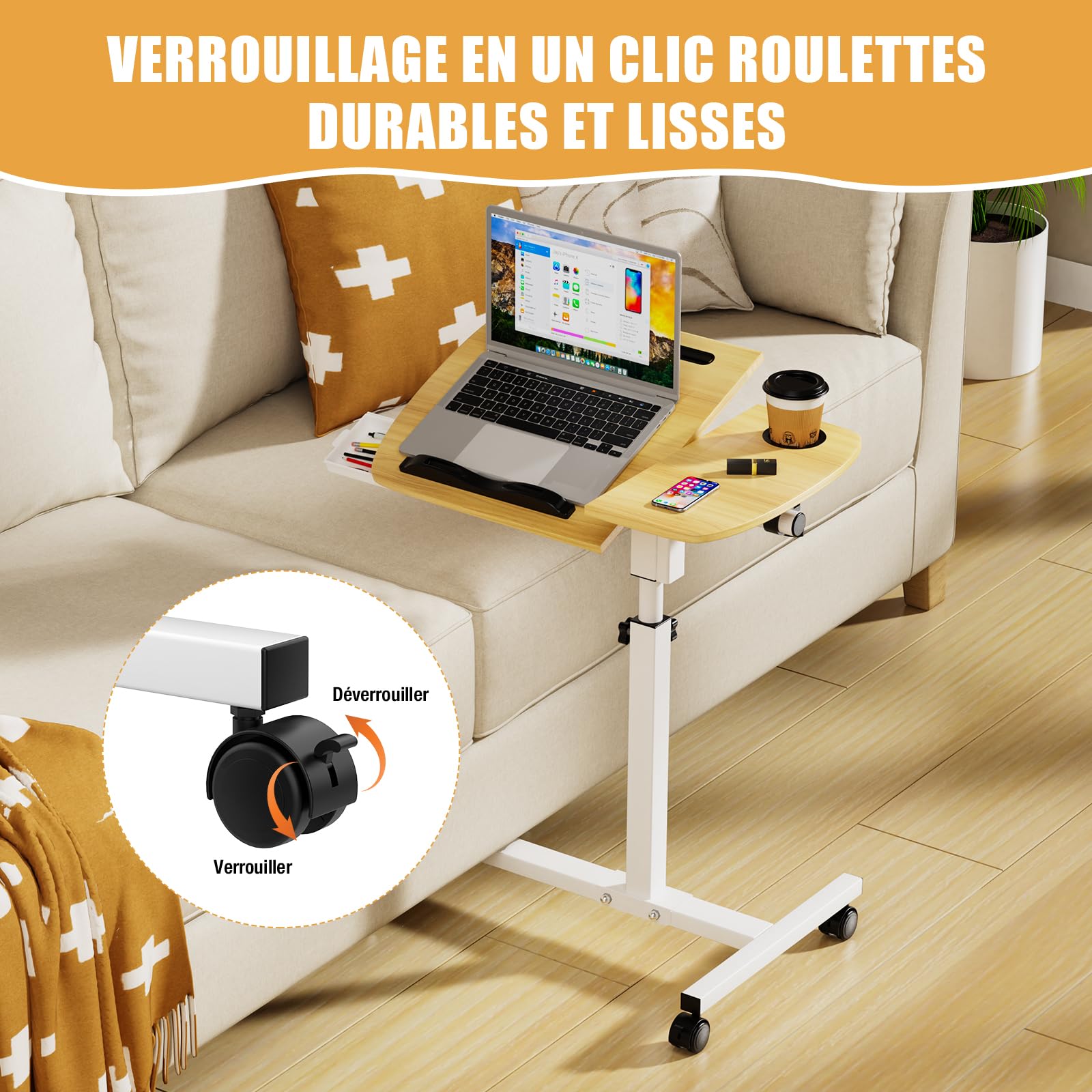 Table de Lit Roulette, 60 x 40 cm, Tablette Médicale Réglable, Table d'Appoint de Lit à Tiroir, Support Souris Séparé, 360° Bureau D'ordinateur Levage Rotatif 60x40x59-89cm